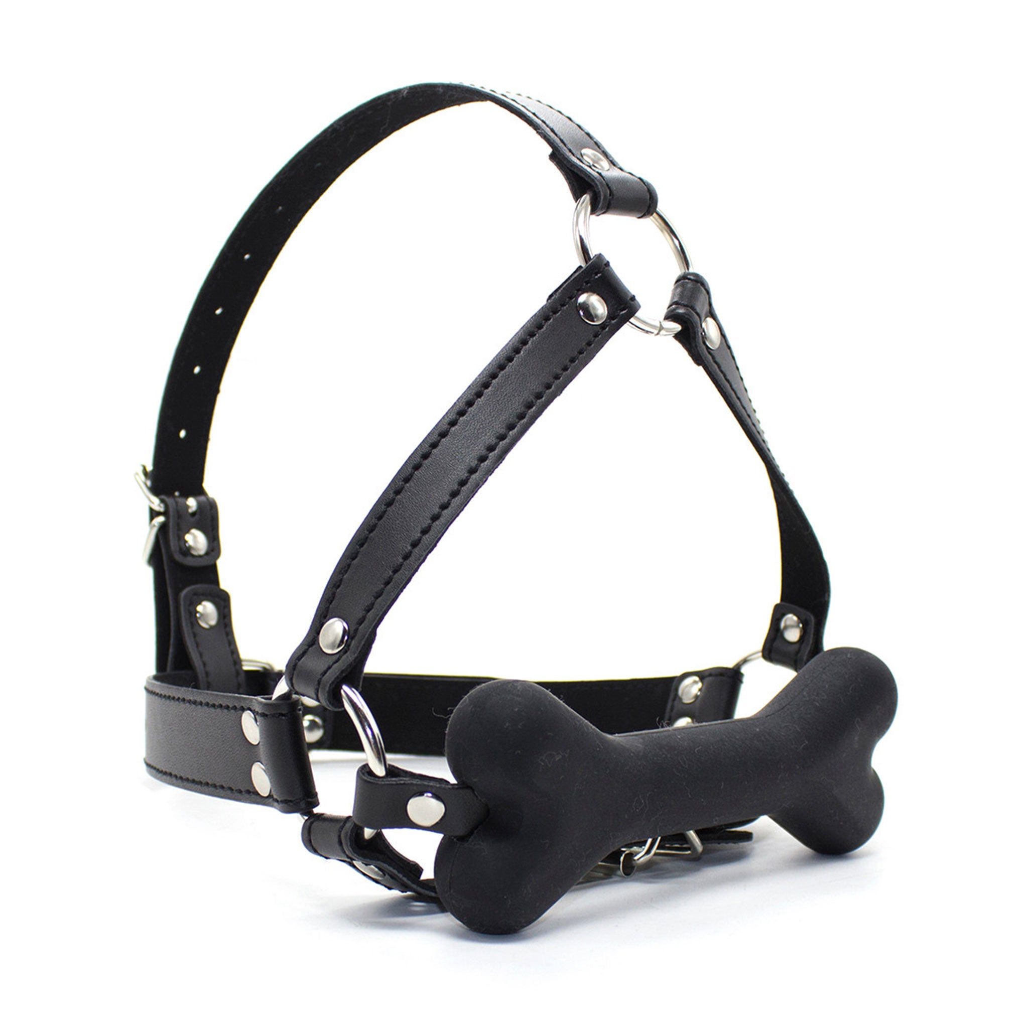 Silicone leather vegan-leather accessories gag mouth-gag bar-gag bone-gag harness head-harness full-head head-strap chin-strap adjustable buckles naughty fetish fashion alt-fashion bondage bdsm bdsm-toys bdsm-gear bdsm-fashion kink kinky kinky-play kinkwear pet-play dog doggo puppy puppy-play sub submissive submission costume cosplay halloween unisex black