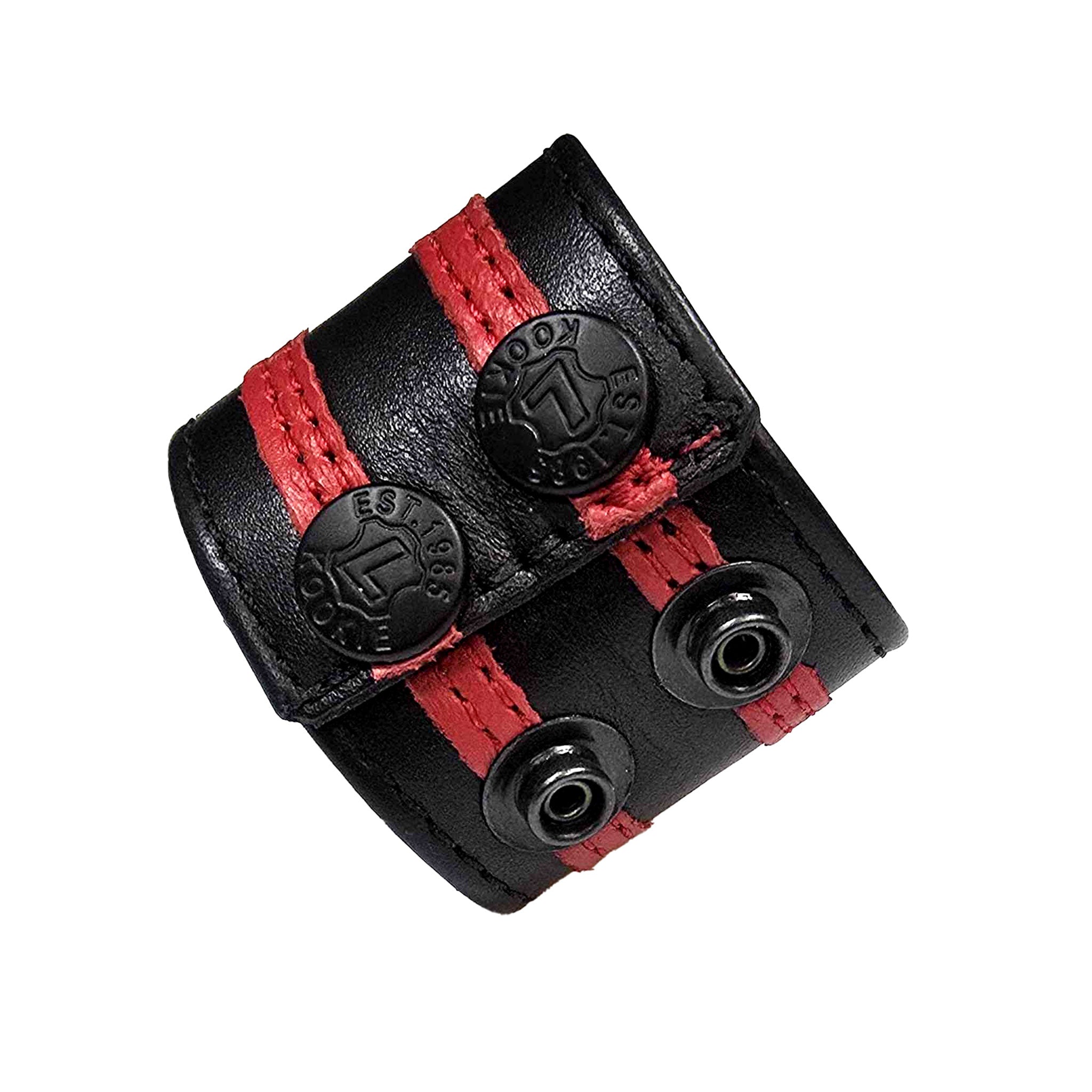 Leather genuine-leather cnb cbt cock&ball cock ball ball-stretcher scrotum stripes layered snap-button press-stud snap-fasteners bdsm-toys bondage bdsm masochism kink kinky kinky-toys adult-toys nonvibe non-vibe black red 1.5-inch
