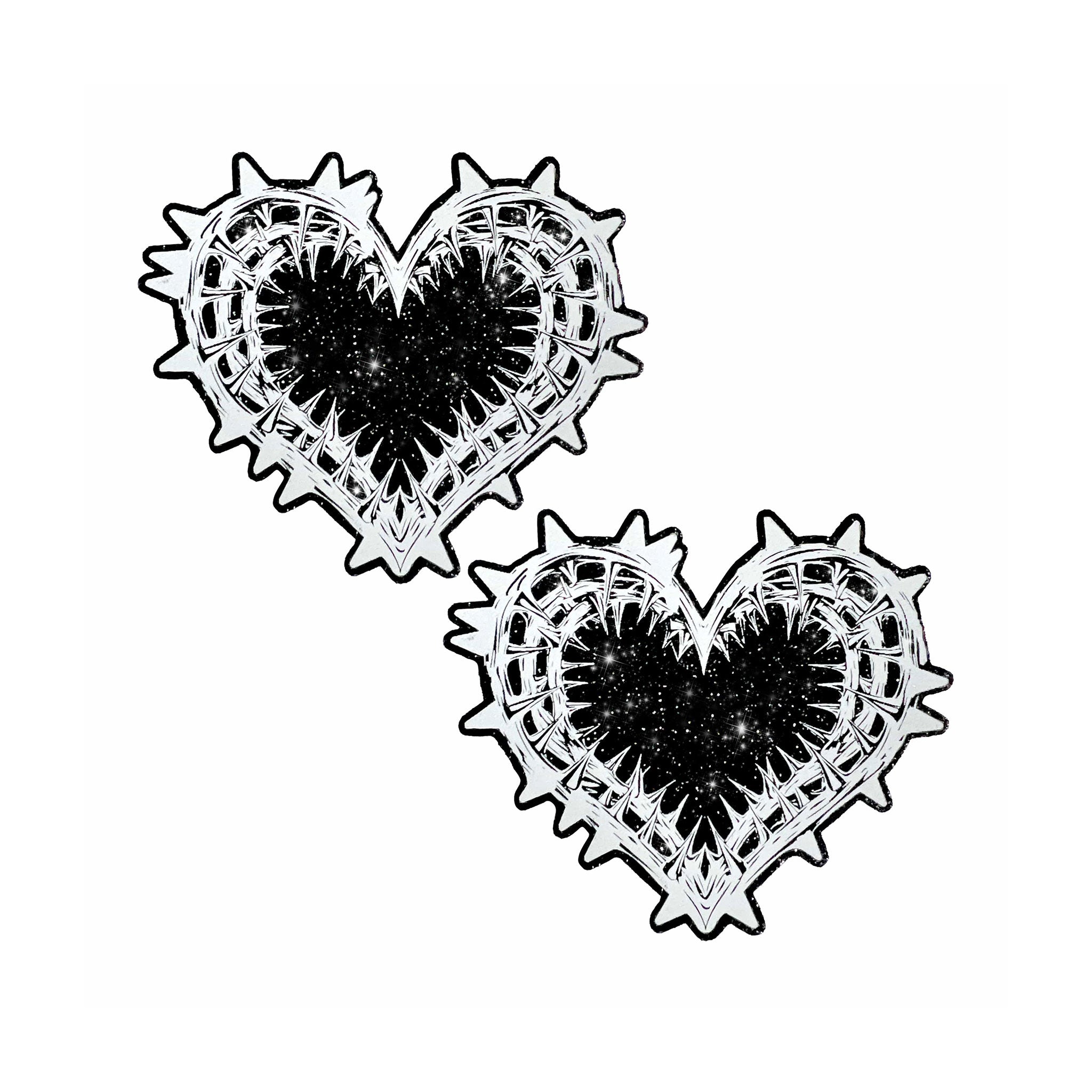 Adhesive medical-grade swimsuit-material glitter accessories intimates pasties nipple nipple-pasties nipple-covers breast-shields heart heart-shaped jaded thorny thorns thorned barbwire barb-wire barbed-wire waterproof fetish fashion alt-fashion edgy costume cosplay halloween black white