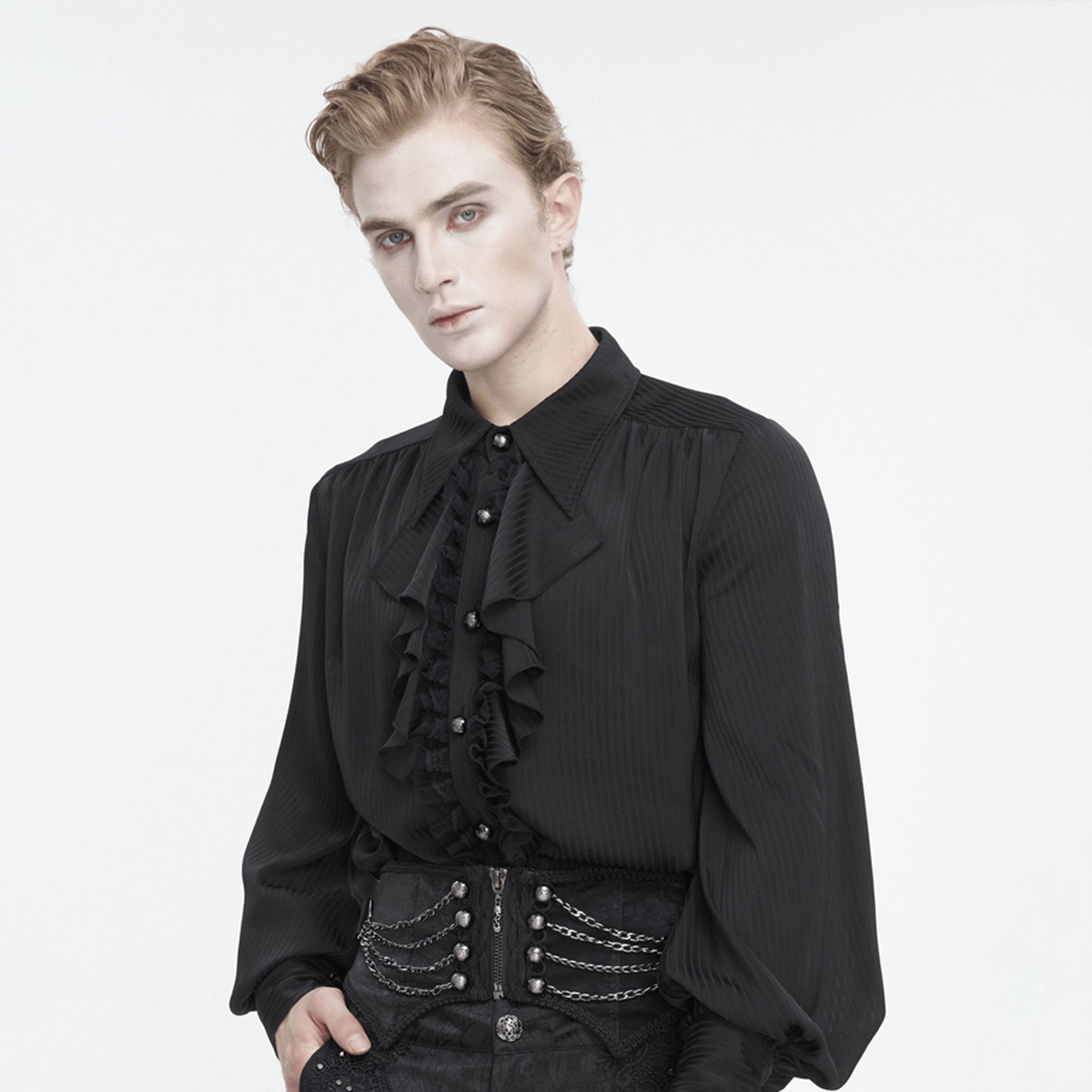 Velvet embossed-velvet cotton cotton-twill chain hanging-chains draping-chains embossed damask accessories belt girdle waist-belt irregular hem pointed-hem slim-fit adjustable front-zip zipper lace-up velvet-ribbon fetish fashion alt-fashion goth gothic vintage punk dark rebellion luxurious baroque regal seductive costume cosplay halloween couture male masculine masc mens menswear guys dudes black