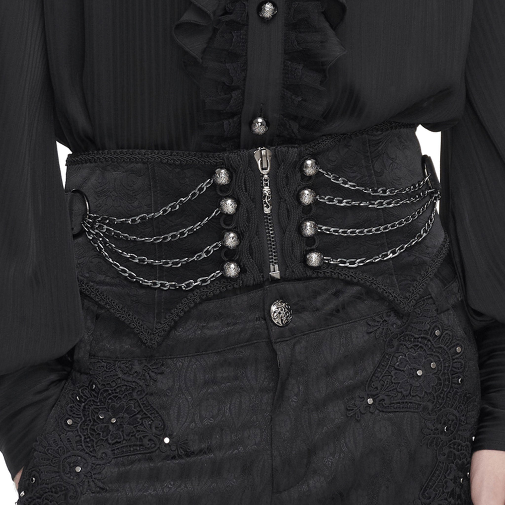 Velvet embossed-velvet cotton cotton-twill chain hanging-chains draping-chains embossed damask accessories belt girdle waist-belt irregular hem pointed-hem slim-fit adjustable front-zip zipper lace-up velvet-ribbon fetish fashion alt-fashion goth gothic vintage punk dark rebellion luxurious baroque regal seductive costume cosplay halloween couture male masculine masc mens menswear guys dudes black