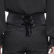 Velvet embossed-velvet cotton cotton-twill chain hanging-chains draping-chains embossed damask accessories belt girdle waist-belt irregular hem pointed-hem slim-fit adjustable front-zip zipper lace-up velvet-ribbon fetish fashion alt-fashion goth gothic vintage punk dark rebellion luxurious baroque regal seductive costume cosplay halloween couture male masculine masc mens menswear guys dudes black