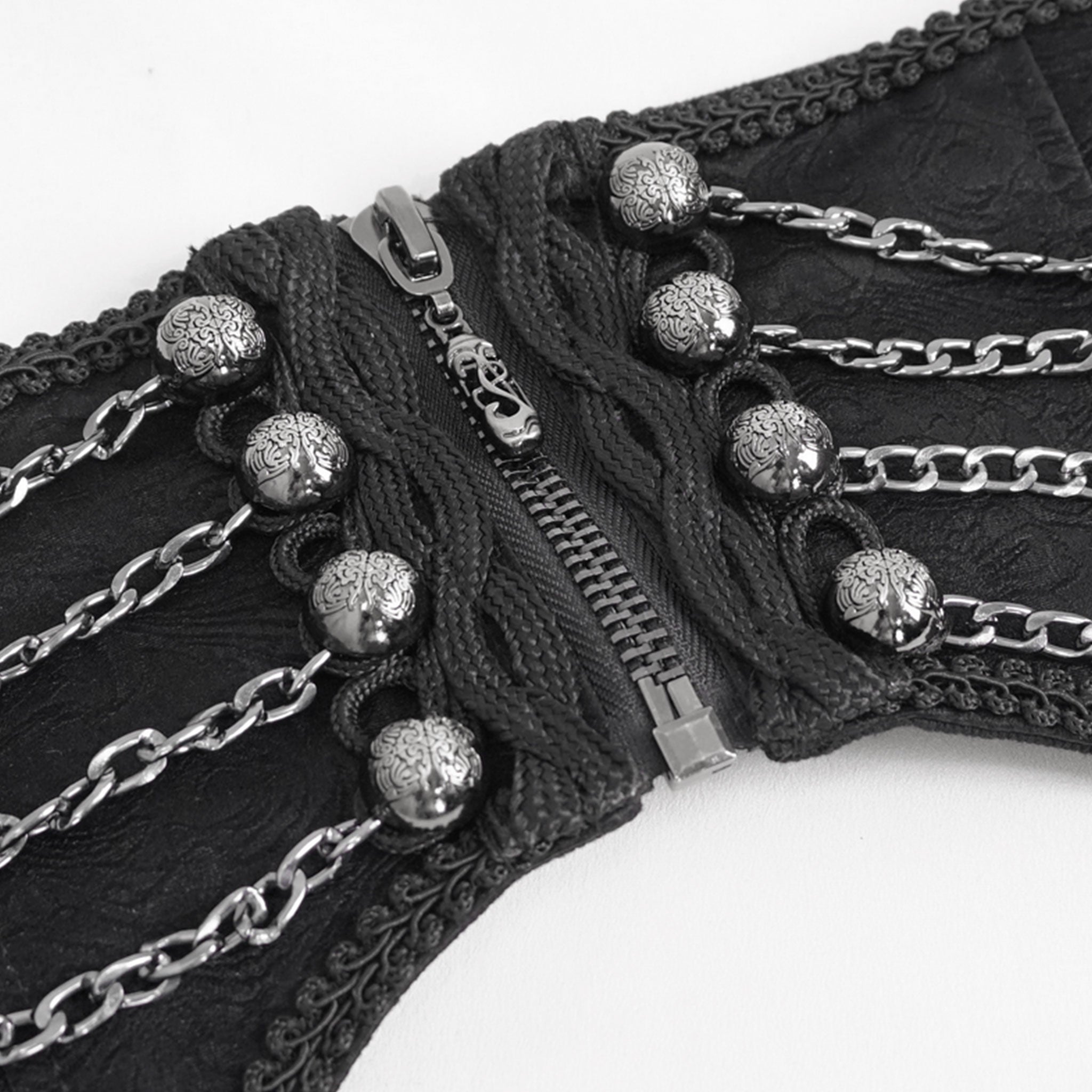 Velvet embossed-velvet cotton cotton-twill chain hanging-chains draping-chains embossed damask accessories belt girdle waist-belt irregular hem pointed-hem slim-fit adjustable front-zip zipper lace-up velvet-ribbon fetish fashion alt-fashion goth gothic vintage punk dark rebellion luxurious baroque regal seductive costume cosplay halloween couture male masculine masc mens menswear guys dudes black