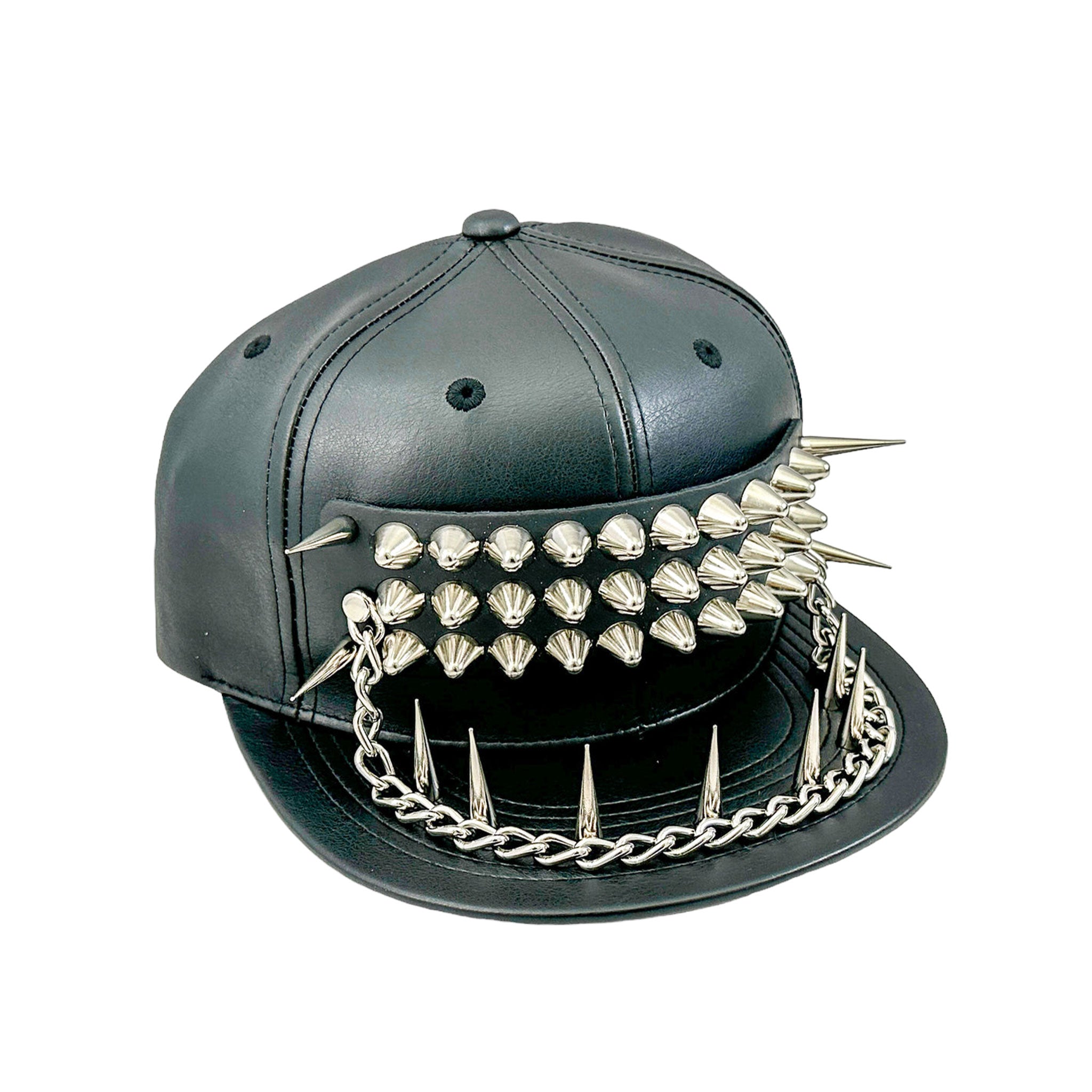 Polyester leather vegan-leather faux-leather metallic-chain accessories headgear hat baseball-hat cap baseball-cap spike spikes spiked hanging-chain pyramid-spikes stiletto-spikes spiked-bill adjustable buckle back-closure sleek edgy fetish fashion alt-fashion alternative goth gothic punk cyber cyberpunk streetwear athleisure casual concert festivalwear kink kinky kinkwear unisex black