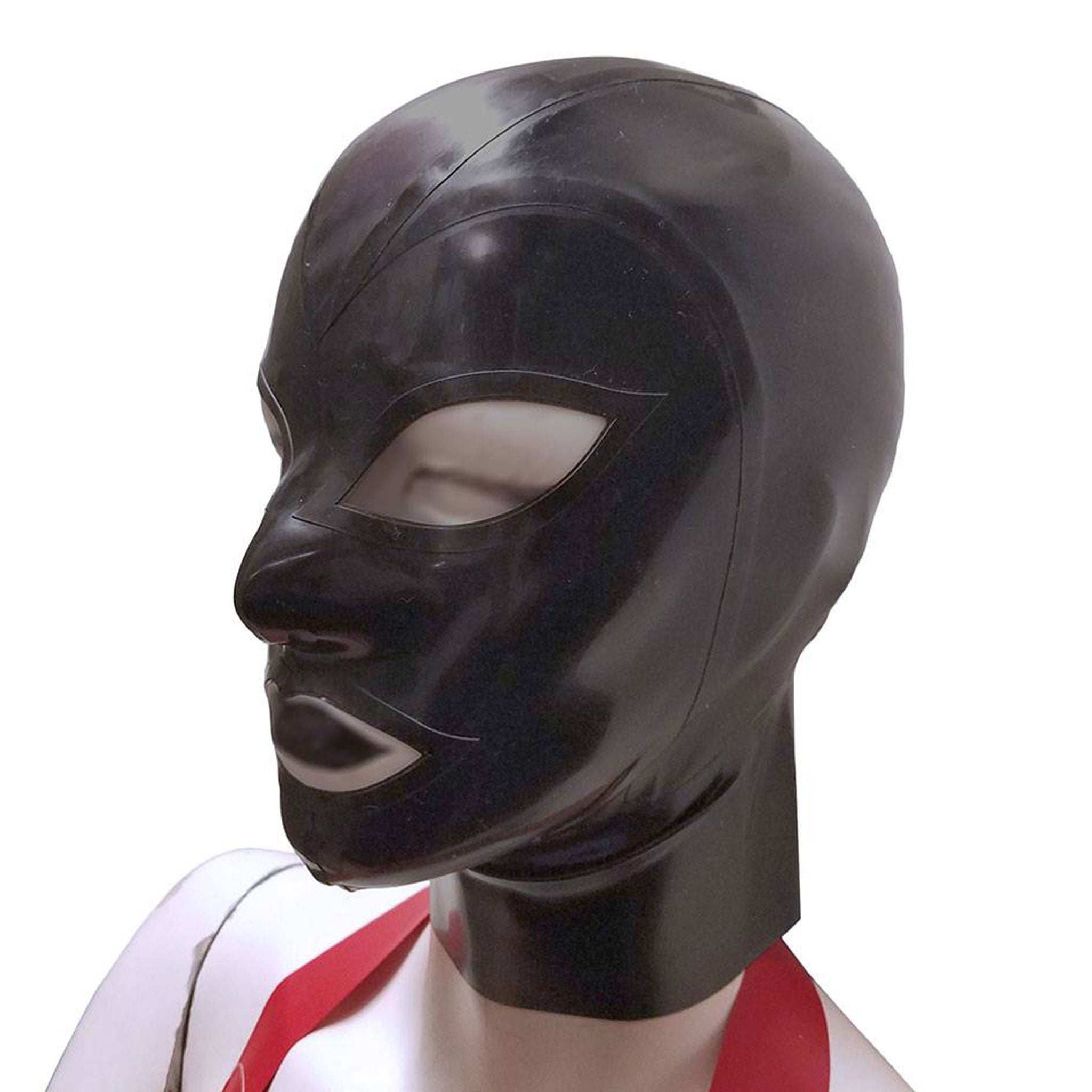 Latex rubber accessories mask hood full-face anatomical contrast-trim hair-shield hair-protector zipper back-zip form-fitting reinforced fetish fashion alt-fashion bondage bdsm bdsm-gear bdsm-toys kink kinky kinky-play costume cosplay halloween unisex black