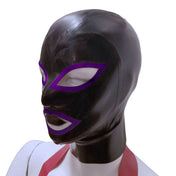 Latex rubber accessories mask hood full-face anatomical contrast-trim hair-shield hair-protector zipper back-zip form-fitting reinforced fetish fashion alt-fashion bondage bdsm bdsm-gear bdsm-toys kink kinky kinky-play costume cosplay halloween unisex black metallic-purple met-purple