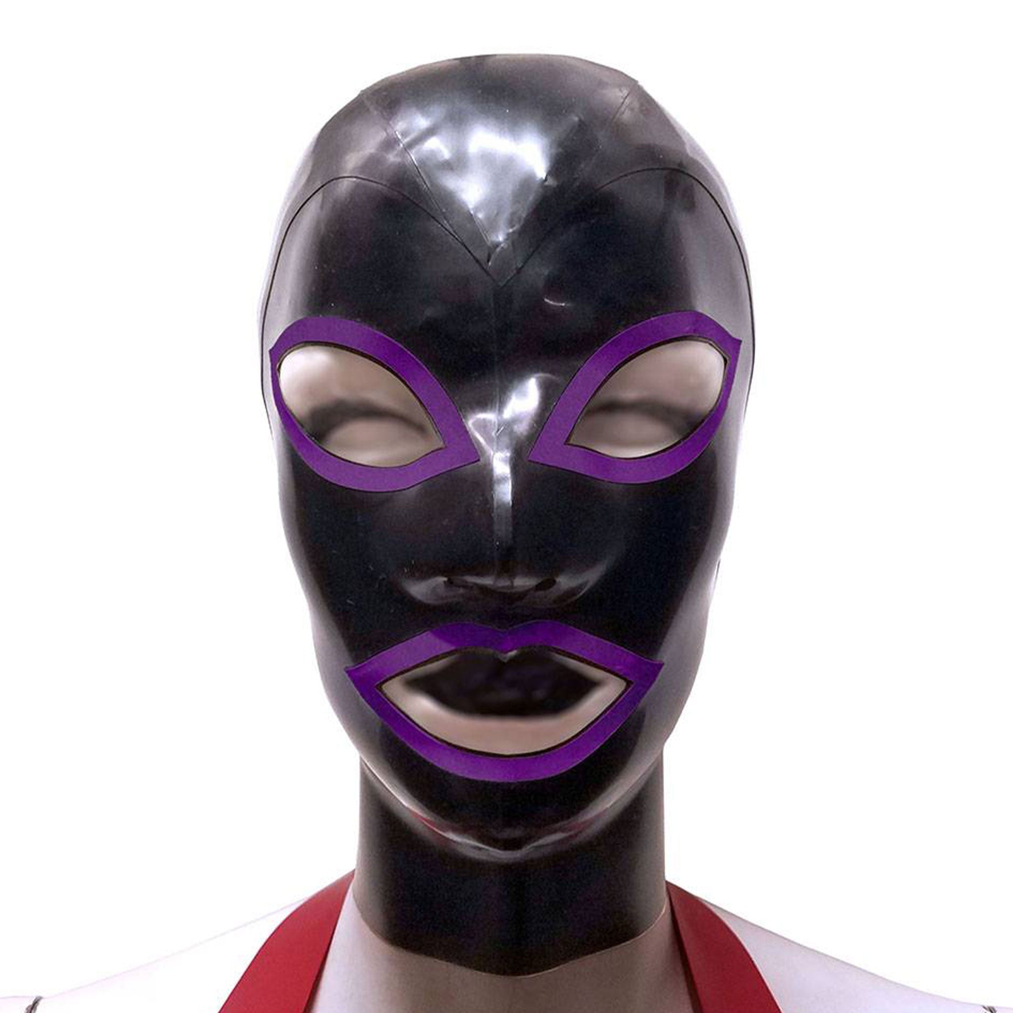 Latex rubber accessories mask hood full-face anatomical contrast-trim hair-shield hair-protector zipper back-zip form-fitting reinforced fetish fashion alt-fashion bondage bdsm bdsm-gear bdsm-toys kink kinky kinky-play costume cosplay halloween unisex black metallic-purple met-purple