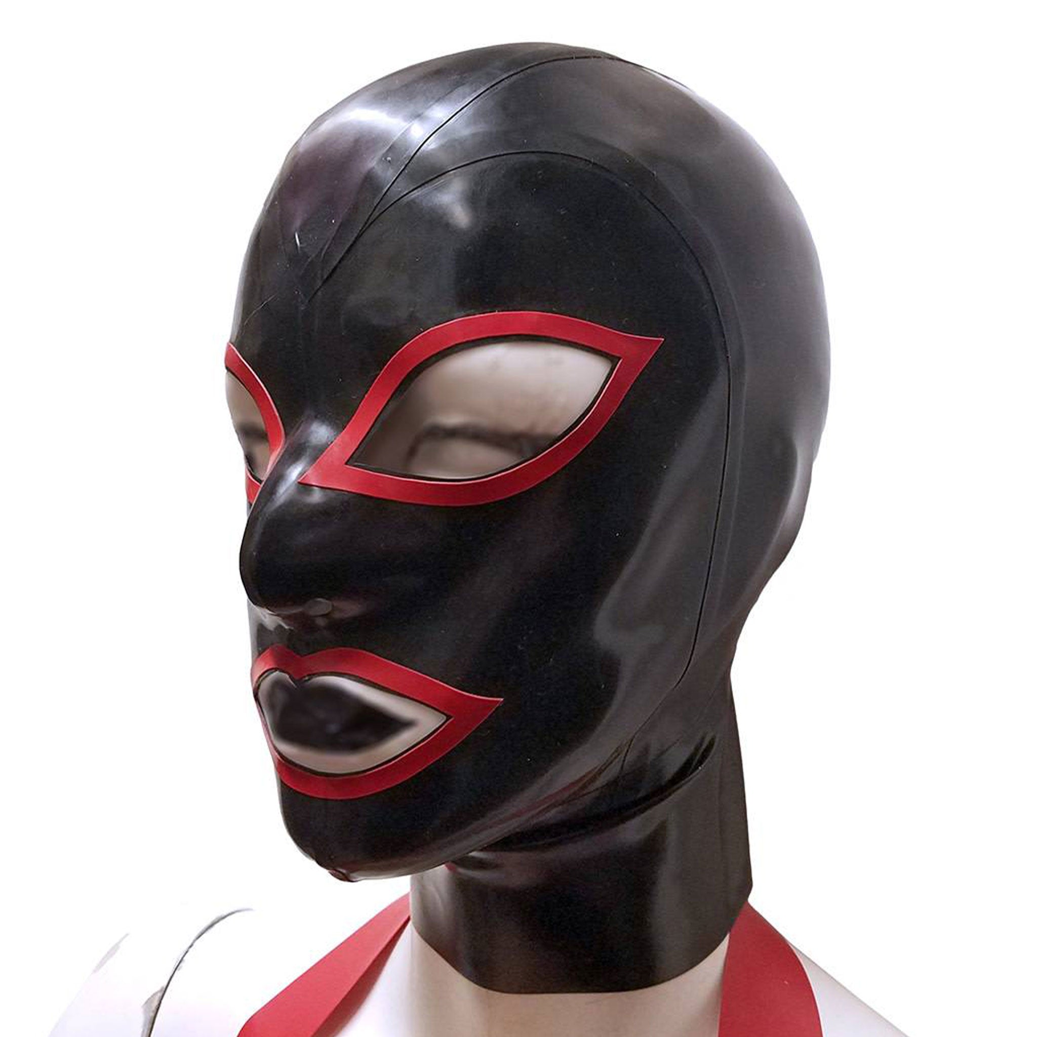 Latex rubber accessories mask hood full-face anatomical contrast-trim hair-shield hair-protector zipper back-zip form-fitting reinforced fetish fashion alt-fashion bondage bdsm bdsm-gear bdsm-toys kink kinky kinky-play costume cosplay halloween unisex black red
