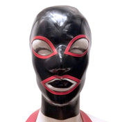 Latex rubber accessories mask hood full-face anatomical contrast-trim hair-shield hair-protector zipper back-zip form-fitting reinforced fetish fashion alt-fashion bondage bdsm bdsm-gear bdsm-toys kink kinky kinky-play costume cosplay halloween unisex black red