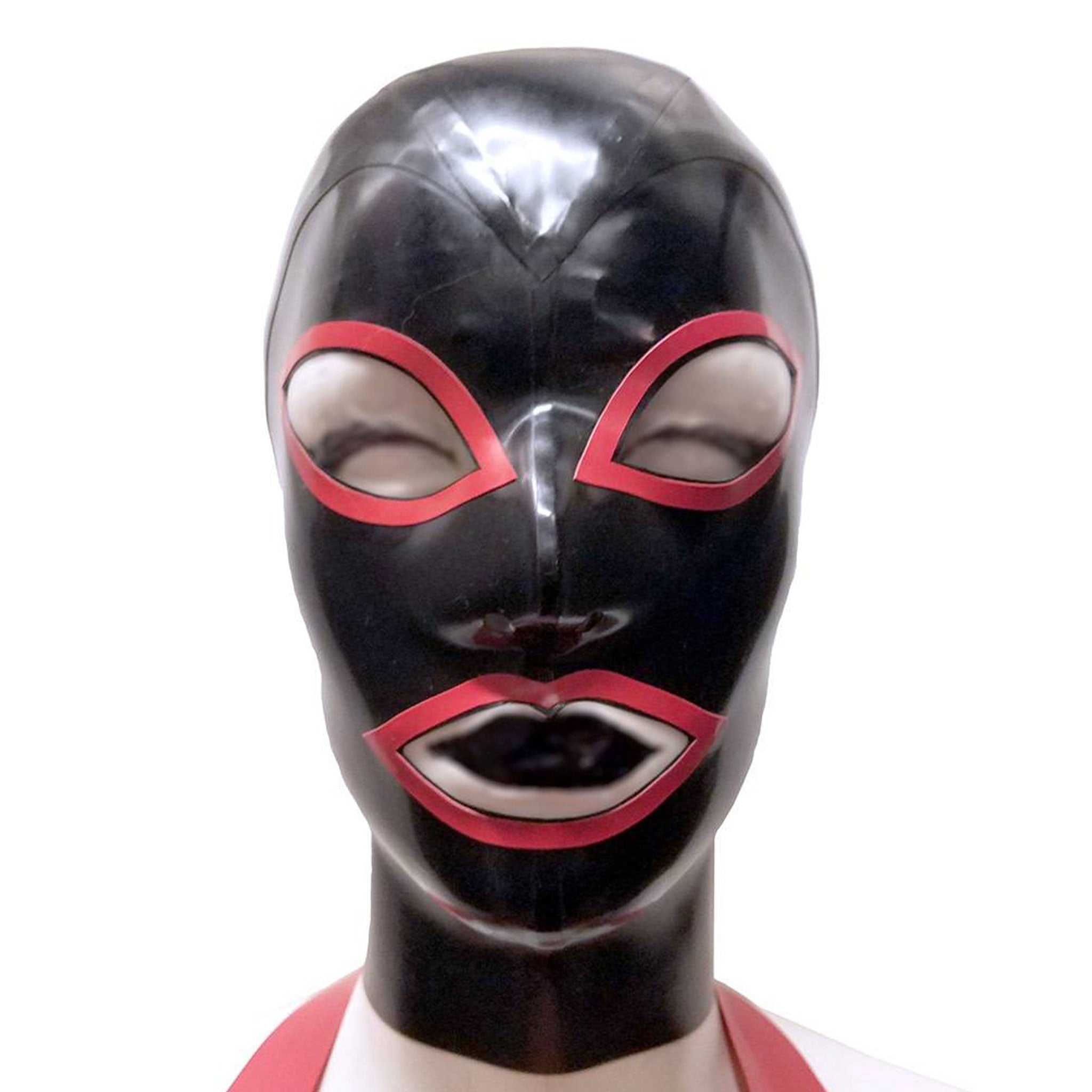 Latex rubber accessories mask hood full-face anatomical contrast-trim hair-shield hair-protector zipper back-zip form-fitting reinforced fetish fashion alt-fashion bondage bdsm bdsm-gear bdsm-toys kink kinky kinky-play costume cosplay halloween unisex black red