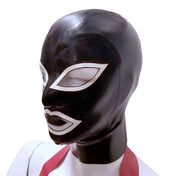 Latex rubber accessories mask hood full-face anatomical contrast-trim hair-shield hair-protector zipper back-zip form-fitting reinforced fetish fashion alt-fashion bondage bdsm bdsm-gear bdsm-toys kink kinky kinky-play costume cosplay halloween unisex black white