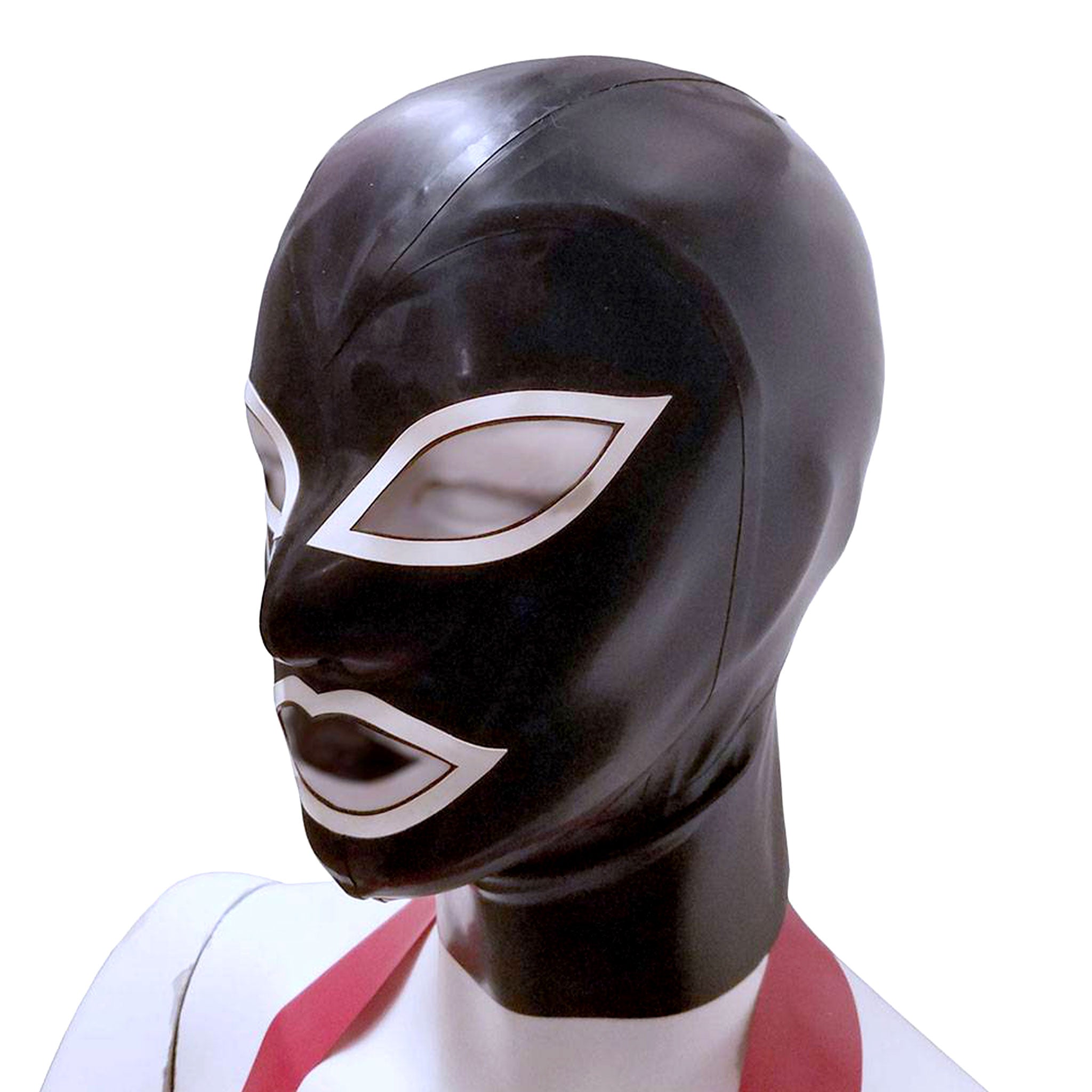 Latex rubber accessories mask hood full-face anatomical contrast-trim hair-shield hair-protector zipper back-zip form-fitting reinforced fetish fashion alt-fashion bondage bdsm bdsm-gear bdsm-toys kink kinky kinky-play costume cosplay halloween unisex black white