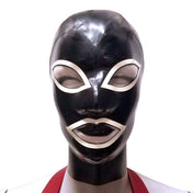 Latex rubber accessories mask hood full-face anatomical contrast-trim hair-shield hair-protector zipper back-zip form-fitting reinforced fetish fashion alt-fashion bondage bdsm bdsm-gear bdsm-toys kink kinky kinky-play costume cosplay halloween unisex black white