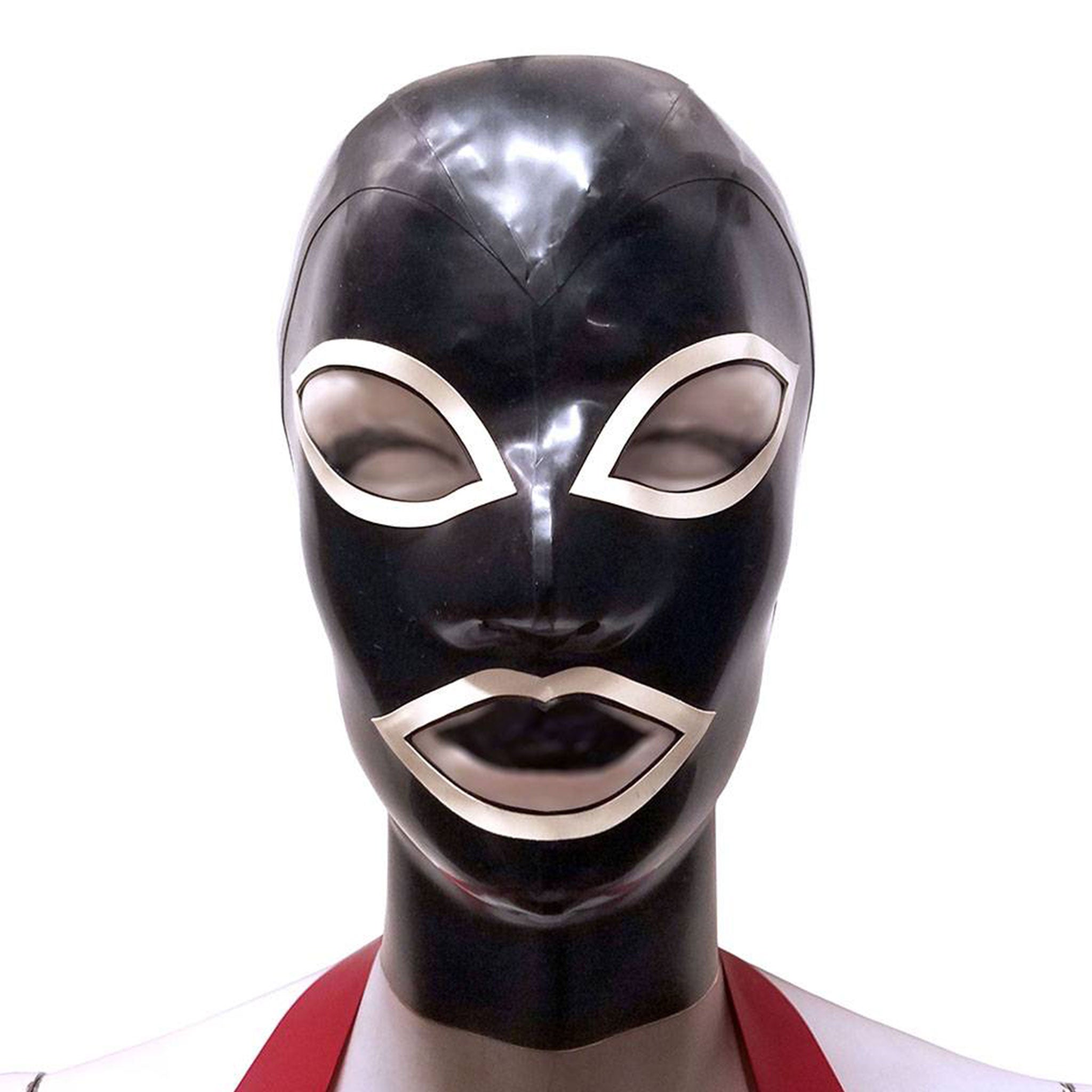Latex rubber accessories mask hood full-face anatomical contrast-trim hair-shield hair-protector zipper back-zip form-fitting reinforced fetish fashion alt-fashion bondage bdsm bdsm-gear bdsm-toys kink kinky kinky-play costume cosplay halloween unisex black white