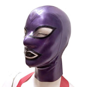 Latex rubber accessories mask hood full-face anatomical contrast-trim hair-shield hair-protector zipper back-zip form-fitting reinforced fetish fashion alt-fashion bondage bdsm bdsm-gear bdsm-toys kink kinky kinky-play costume cosplay halloween unisex metallic-purple met-purple black