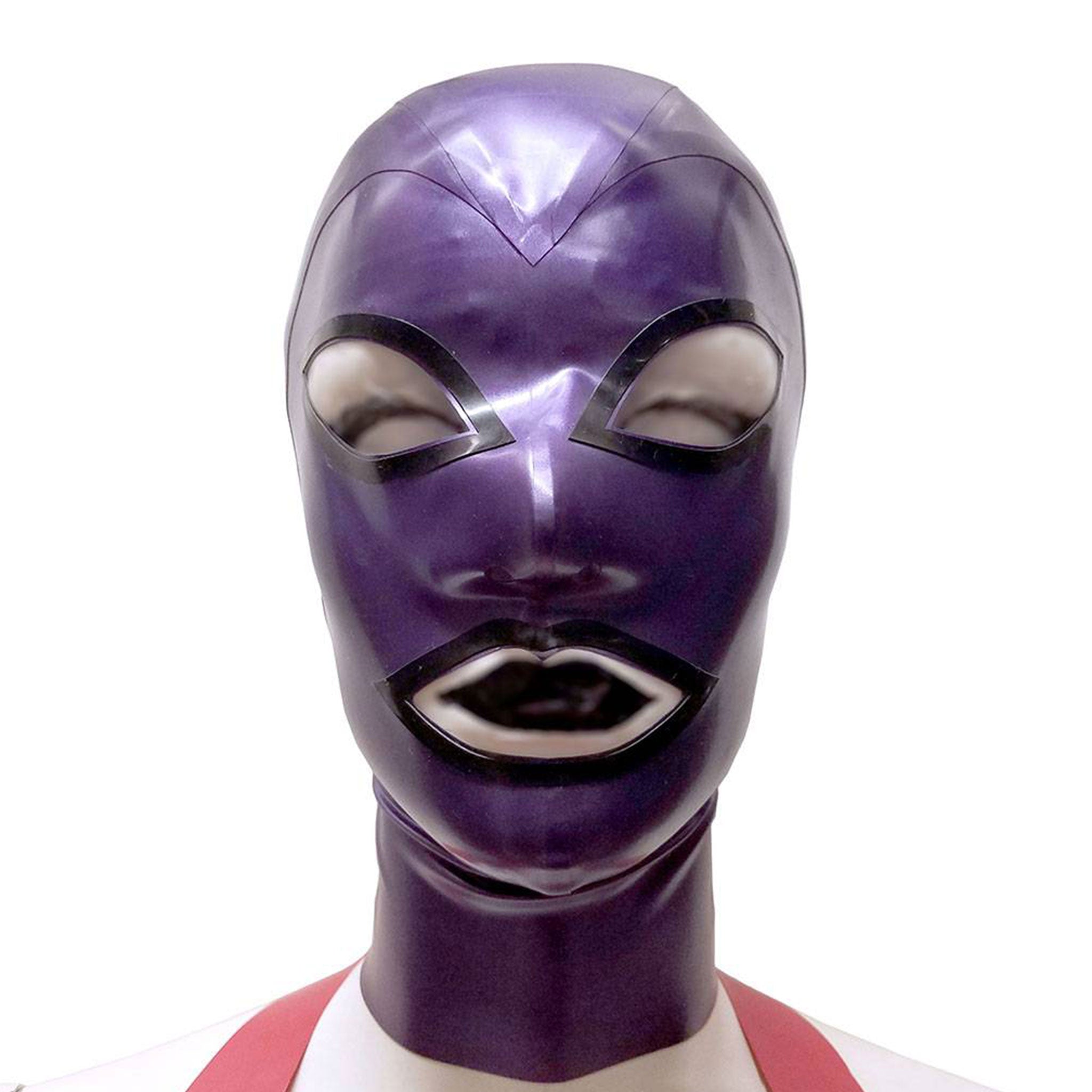 Latex rubber accessories mask hood full-face anatomical contrast-trim hair-shield hair-protector zipper back-zip form-fitting reinforced fetish fashion alt-fashion bondage bdsm bdsm-gear bdsm-toys kink kinky kinky-play costume cosplay halloween unisex metallic-purple met-purple black
