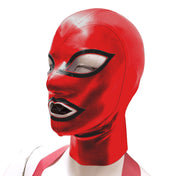 Latex rubber accessories mask hood full-face anatomical contrast-trim hair-shield hair-protector zipper back-zip form-fitting reinforced fetish fashion alt-fashion bondage bdsm bdsm-gear bdsm-toys kink kinky kinky-play costume cosplay halloween unisex red black