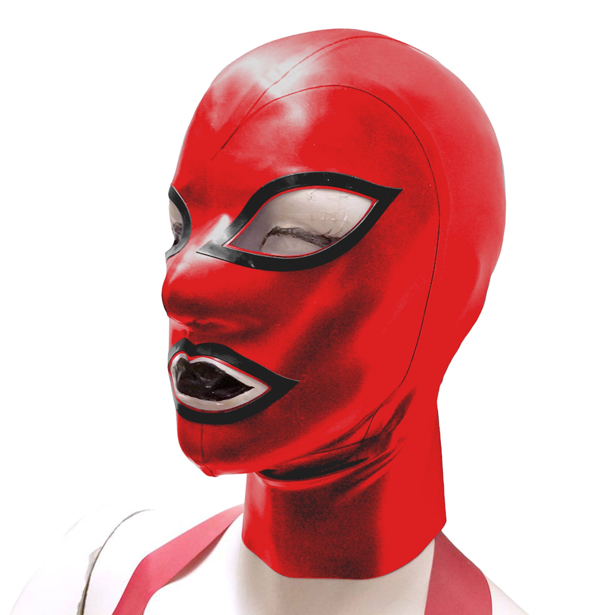 Latex rubber accessories mask hood full-face anatomical contrast-trim hair-shield hair-protector zipper back-zip form-fitting reinforced fetish fashion alt-fashion bondage bdsm bdsm-gear bdsm-toys kink kinky kinky-play costume cosplay halloween unisex red black