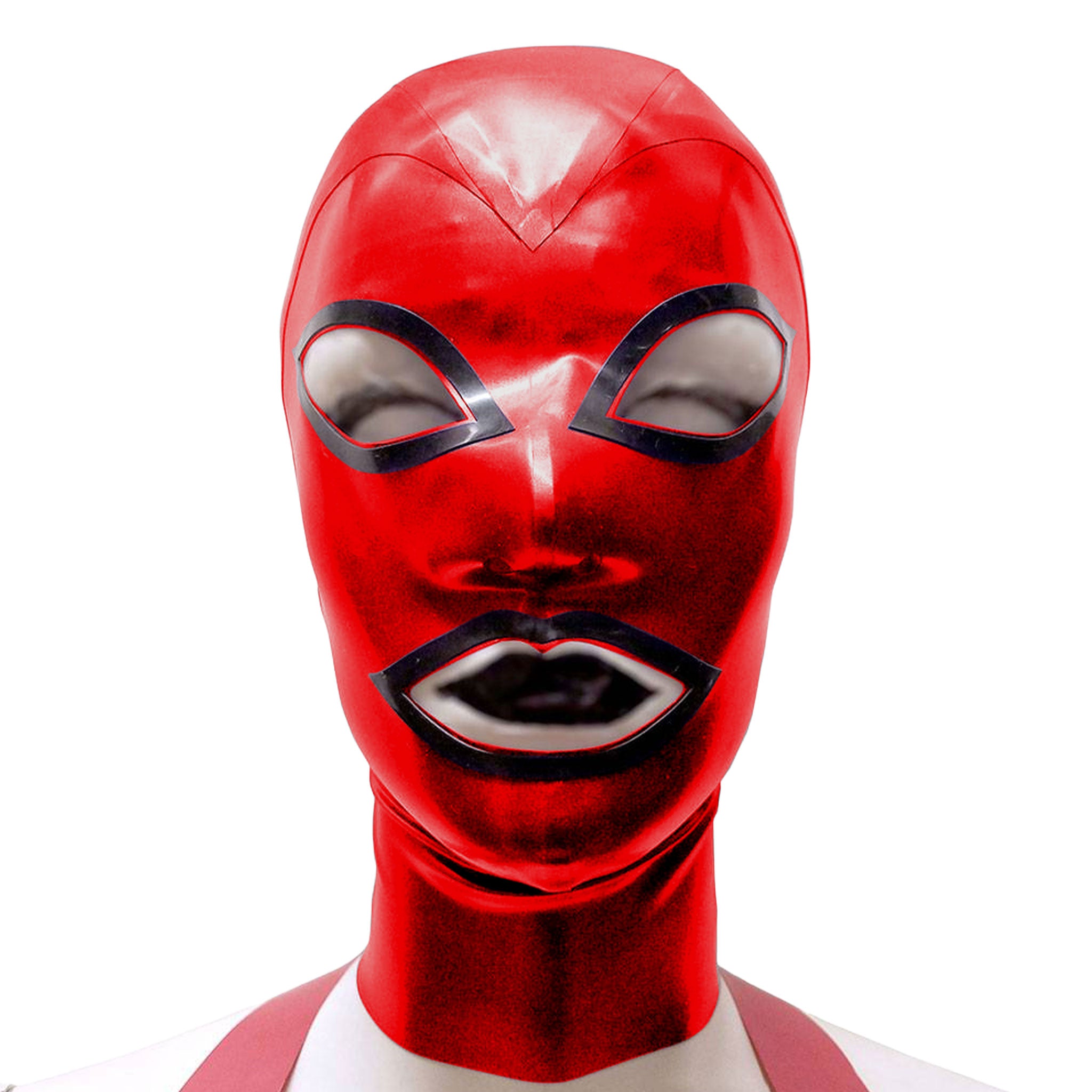 Latex rubber accessories mask hood full-face anatomical contrast-trim hair-shield hair-protector zipper back-zip form-fitting reinforced fetish fashion alt-fashion bondage bdsm bdsm-gear bdsm-toys kink kinky kinky-play costume cosplay halloween unisex red black