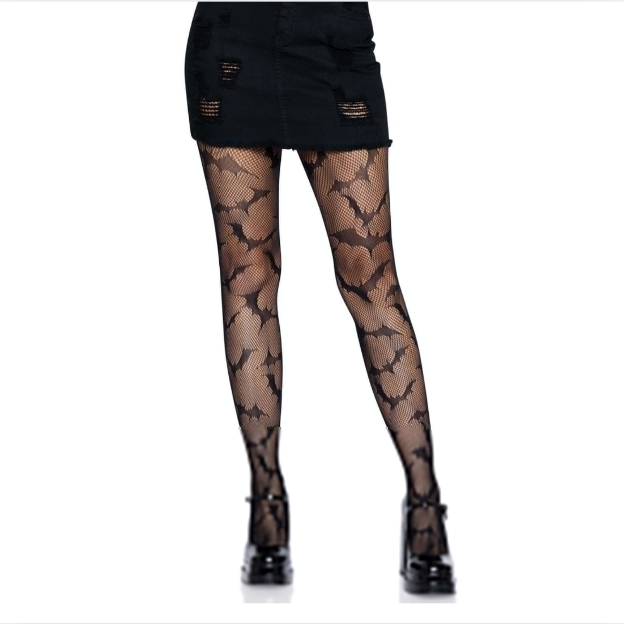 Black fishnet tights with a bat pattern . Reinforced toe
