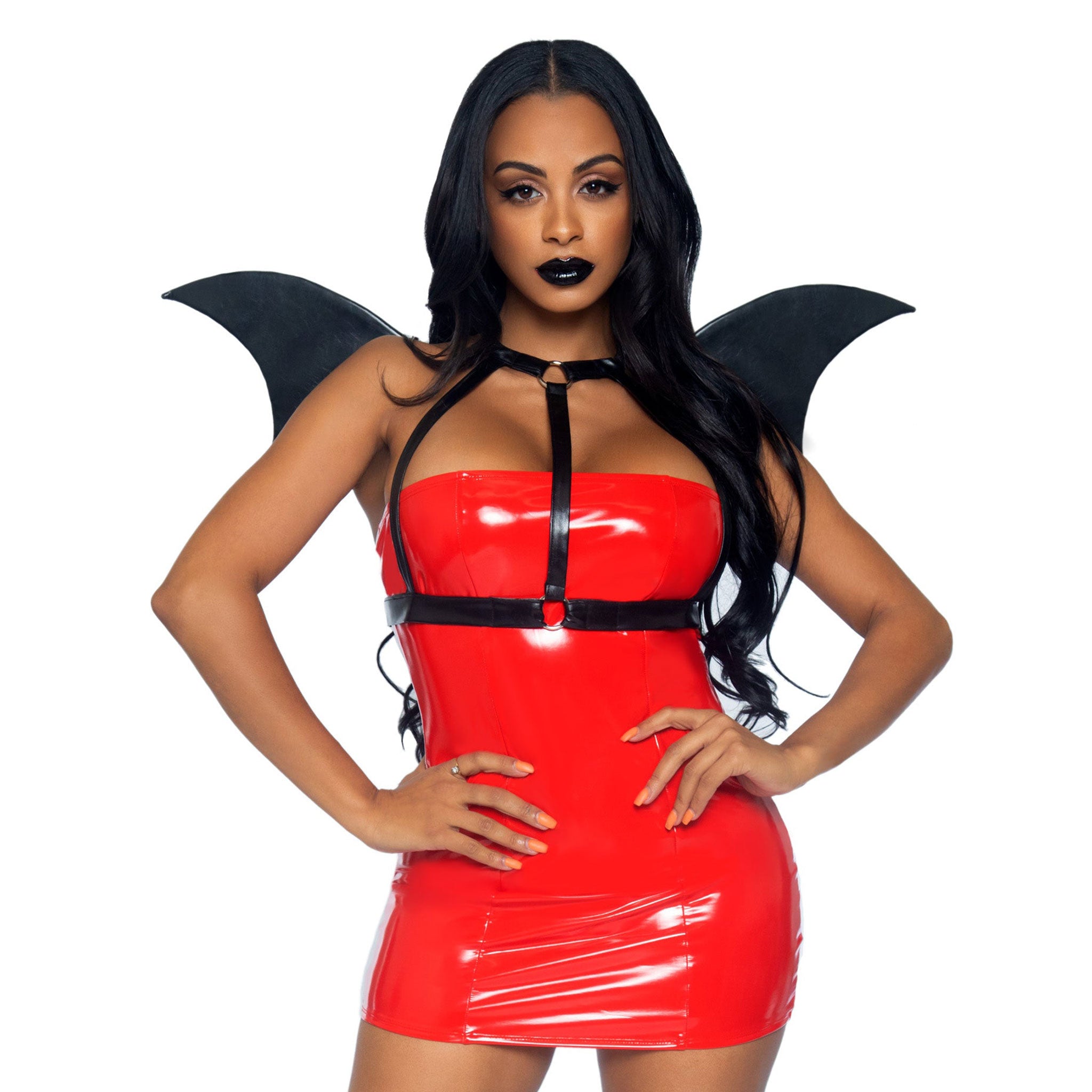 Leather faux-leather vegan-leather leatherette accessories tops harness chest-harness body-harness bat-wings wings O-rings lightweight pointed scalloped comfortable extended-wear open-back soft edgy durable wicked commanding costume cosplay halloween ravewear festival demon devil dragon succubus vampire bat batman batwoman batgirl DIY do-it-yourself black