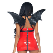 Bat wing body harness black faux leather festival cosplay gothic costume accessory with scalloped wing design, O-ring harness details, metallic hardware, adjustable fit up to 2X, open back Halloween party harness