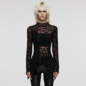 bat mesh long sleeve t shirt sheer gothic top see through mesh bat print stretch lingerie layering fetish factory