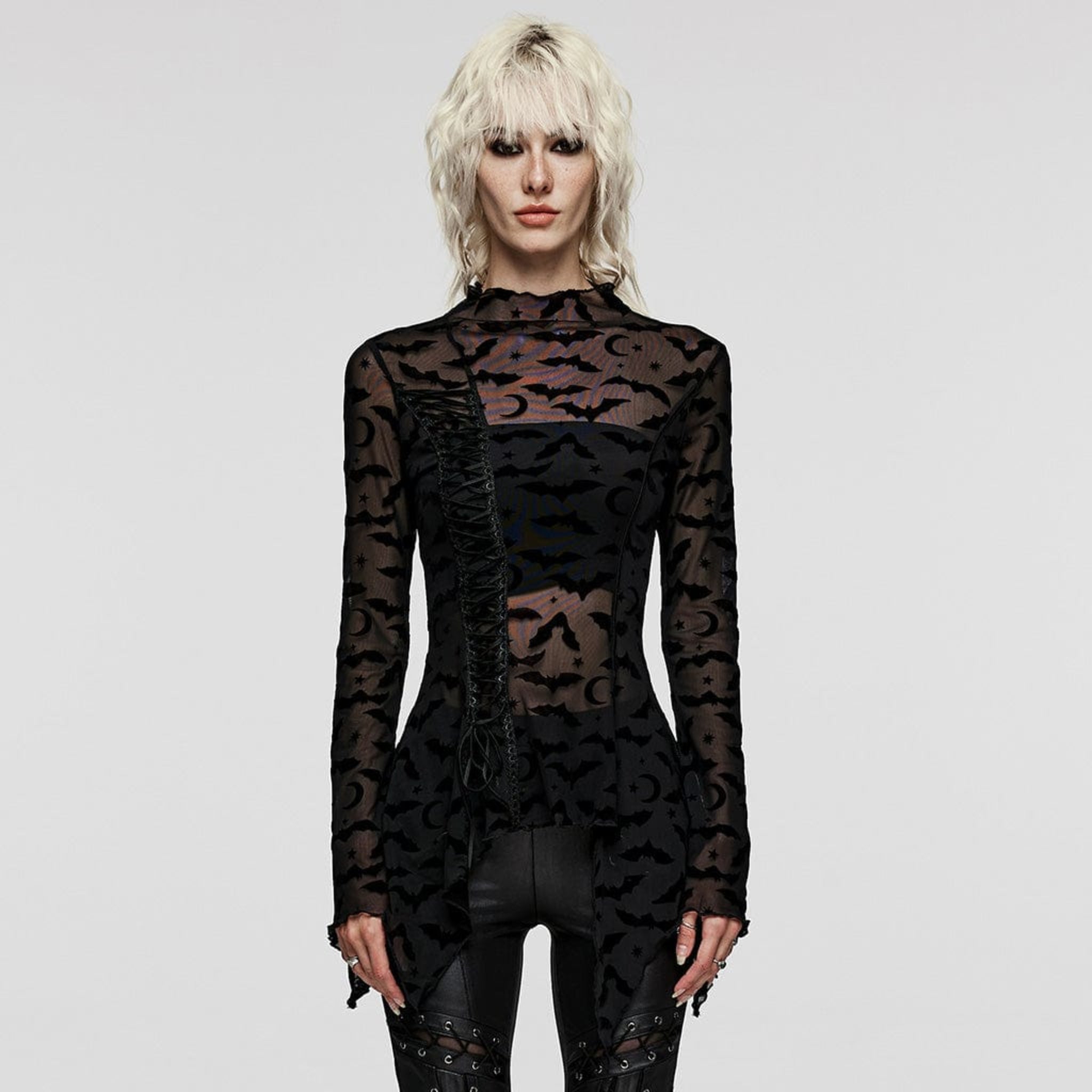 bat mesh long sleeve t shirt sheer gothic top see through mesh bat print stretch lingerie layering fetish factory