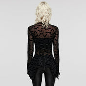 bat mesh long sleeve t shirt sheer gothic top see through mesh bat print stretch lingerie layering fetish factory