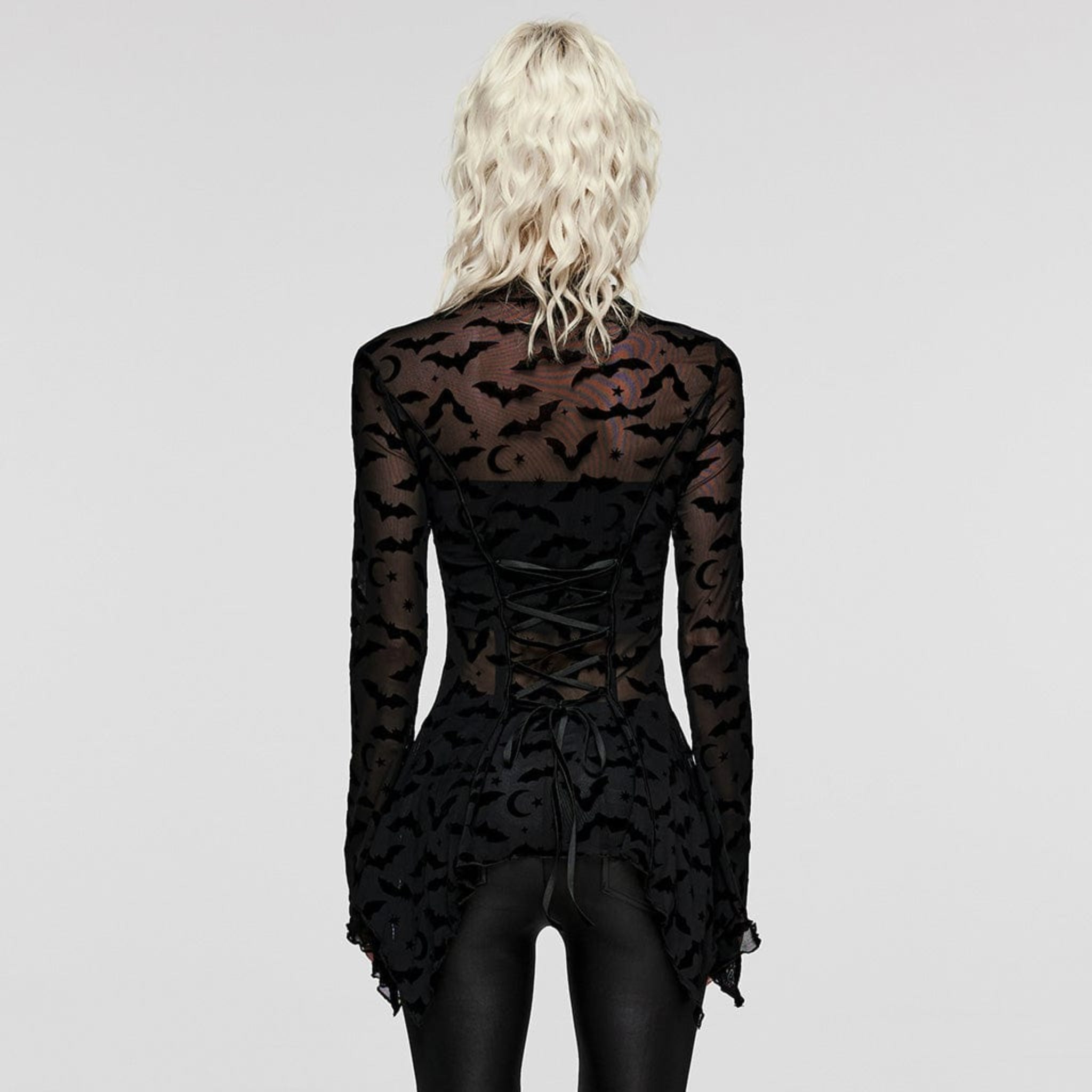 bat mesh long sleeve t shirt sheer gothic top see through mesh bat print stretch lingerie layering fetish factory
