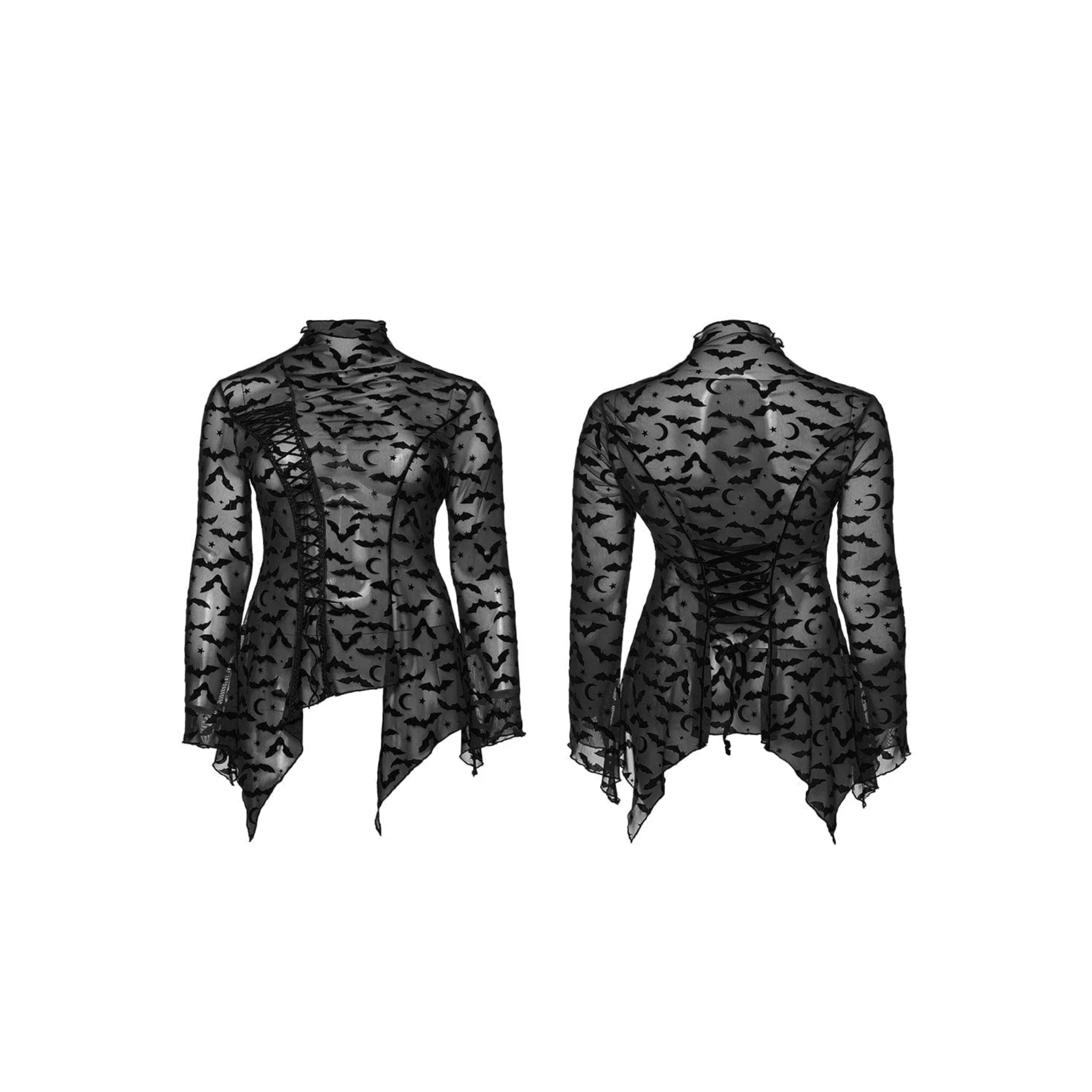 bat mesh long sleeve t shirt sheer gothic top see through mesh bat print stretch lingerie layering fetish factory