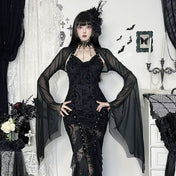 Spandex polyester sheer apparel top sunscreen-top blouse bolero longsleeve long-sleeve sleeves sleeved batwing bat-wing casual elegant unique sophisticated chic versatile breathable fashion alt-fashion alternative punk goth gothic festival rave raver-babe ravewear casual costume cosplay halloween halloween-accessories spooky bat female femme feminine womens black