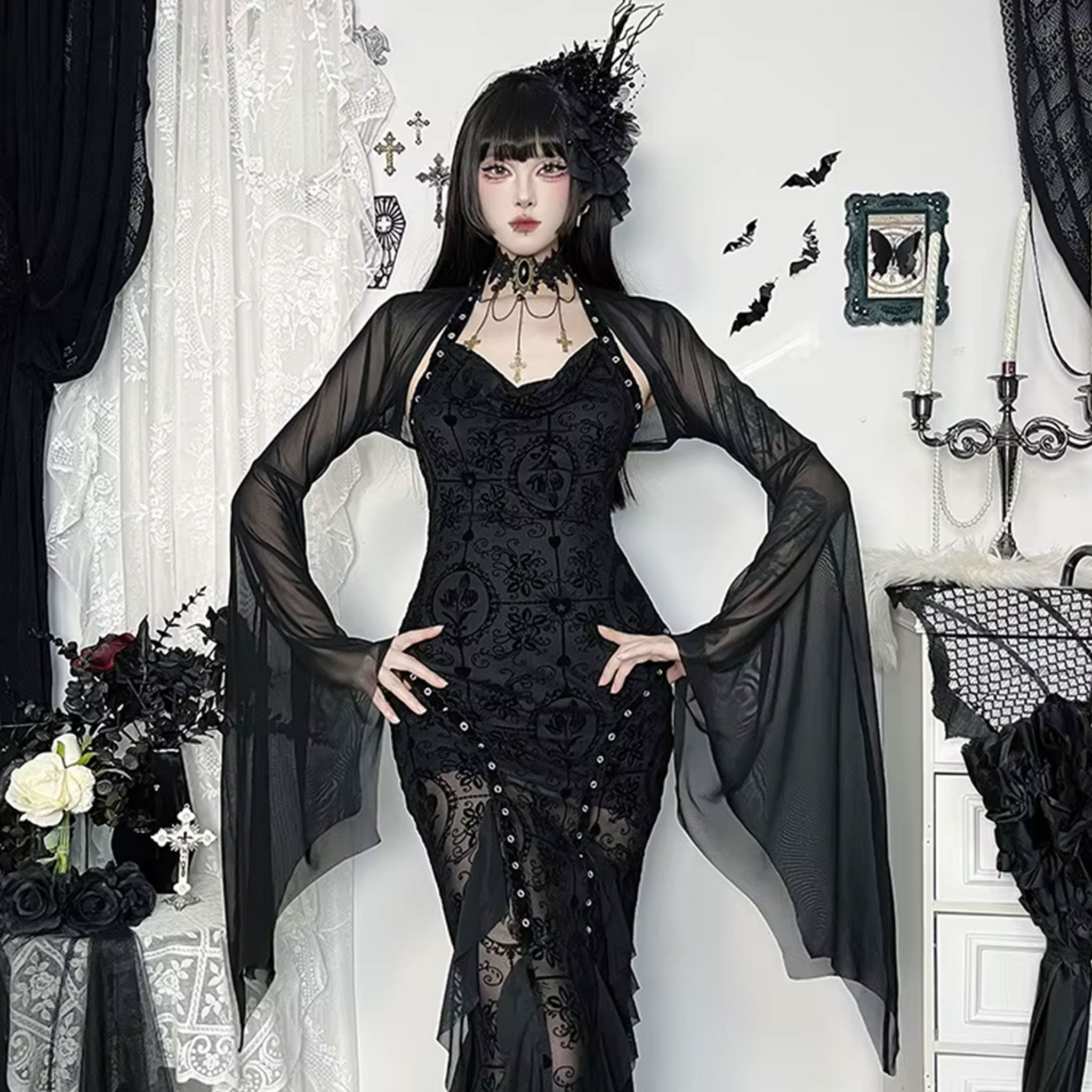 Spandex polyester sheer apparel top sunscreen-top blouse bolero longsleeve long-sleeve sleeves sleeved batwing bat-wing casual elegant unique sophisticated chic versatile breathable fashion alt-fashion alternative punk goth gothic festival rave raver-babe ravewear casual costume cosplay halloween halloween-accessories spooky bat female femme feminine womens black