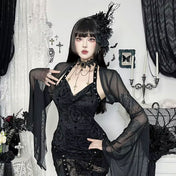 Spandex polyester sheer apparel top sunscreen-top blouse bolero longsleeve long-sleeve sleeves sleeved batwing bat-wing casual elegant unique sophisticated chic versatile breathable fashion alt-fashion alternative punk goth gothic festival rave raver-babe ravewear casual costume cosplay halloween halloween-accessories spooky bat female femme feminine womens black