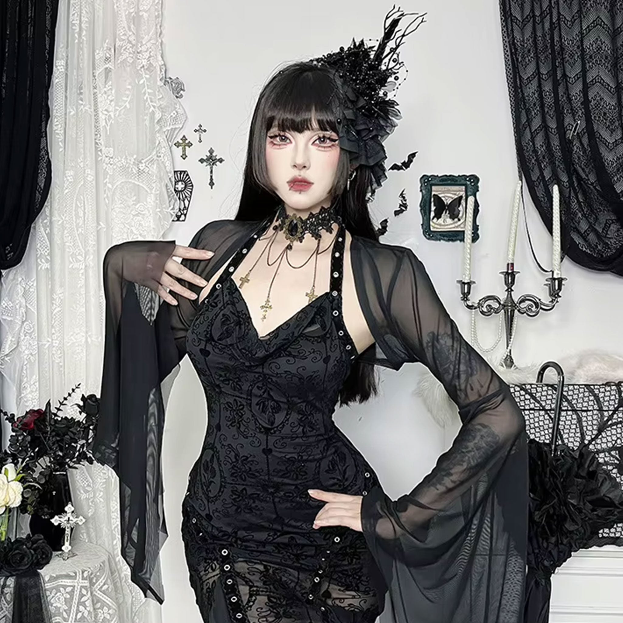Spandex polyester sheer apparel top sunscreen-top blouse bolero longsleeve long-sleeve sleeves sleeved batwing bat-wing casual elegant unique sophisticated chic versatile breathable fashion alt-fashion alternative punk goth gothic festival rave raver-babe ravewear casual costume cosplay halloween halloween-accessories spooky bat female femme feminine womens black