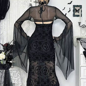 Spandex polyester sheer apparel top sunscreen-top blouse bolero longsleeve long-sleeve sleeves sleeved batwing bat-wing casual elegant unique sophisticated chic versatile breathable fashion alt-fashion alternative punk goth gothic festival rave raver-babe ravewear casual costume cosplay halloween halloween-accessories spooky bat female femme feminine womens black