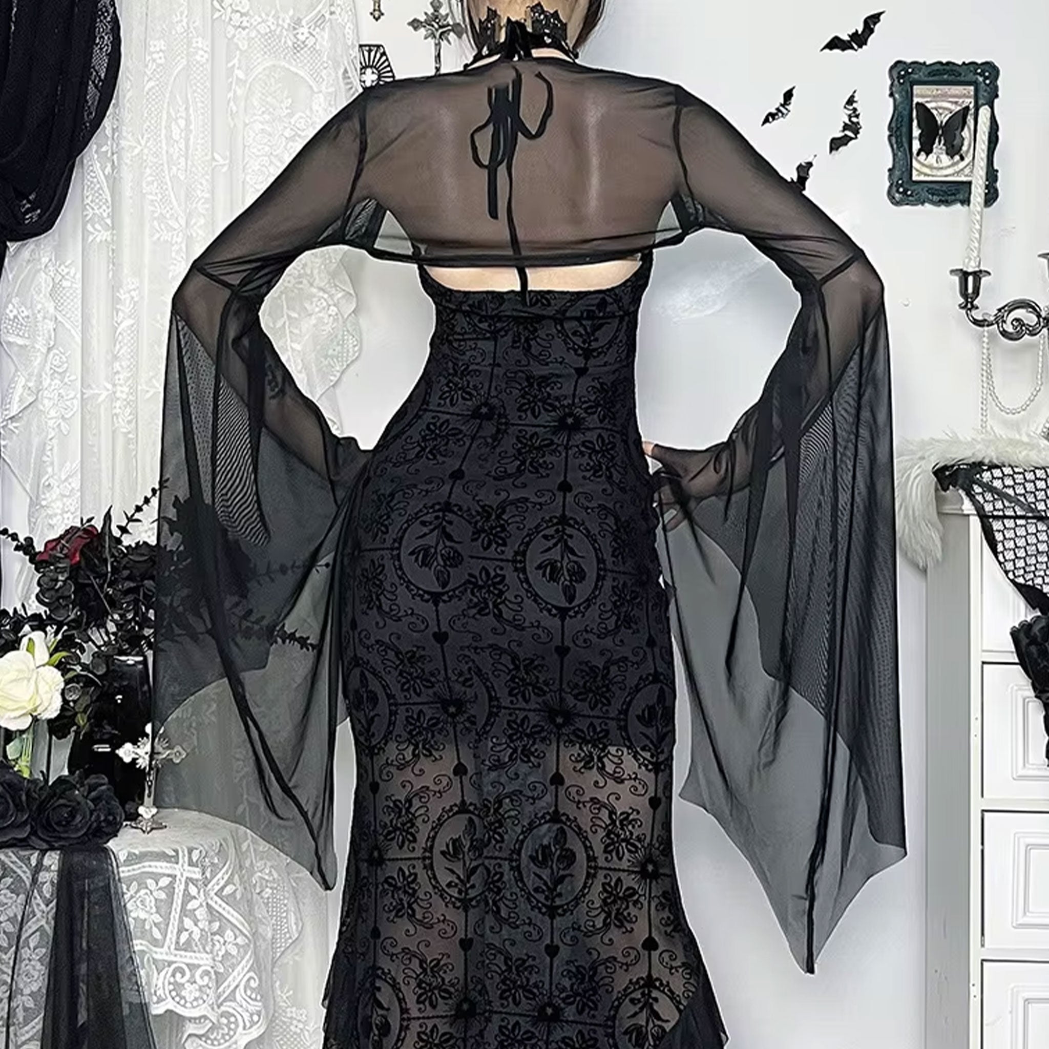 Spandex polyester sheer apparel top sunscreen-top blouse bolero longsleeve long-sleeve sleeves sleeved batwing bat-wing casual elegant unique sophisticated chic versatile breathable fashion alt-fashion alternative punk goth gothic festival rave raver-babe ravewear casual costume cosplay halloween halloween-accessories spooky bat female femme feminine womens black