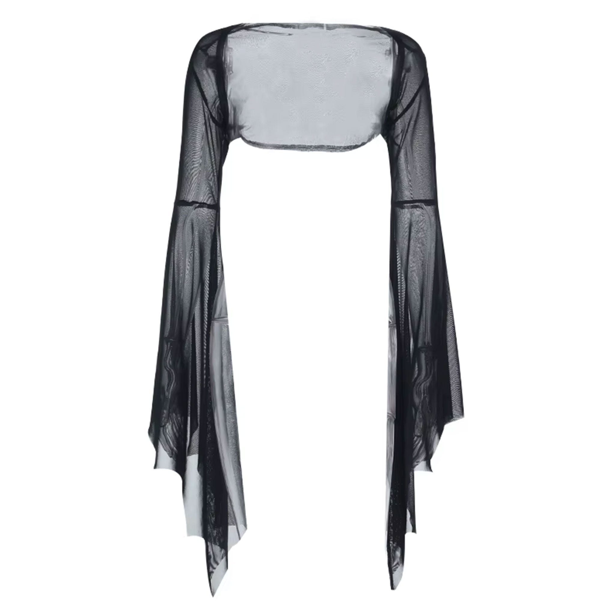 Spandex polyester sheer apparel top sunscreen-top blouse bolero longsleeve long-sleeve sleeves sleeved batwing bat-wing casual elegant unique sophisticated chic versatile breathable fashion alt-fashion alternative punk goth gothic festival rave raver-babe ravewear casual costume cosplay halloween halloween-accessories spooky bat female femme feminine womens black