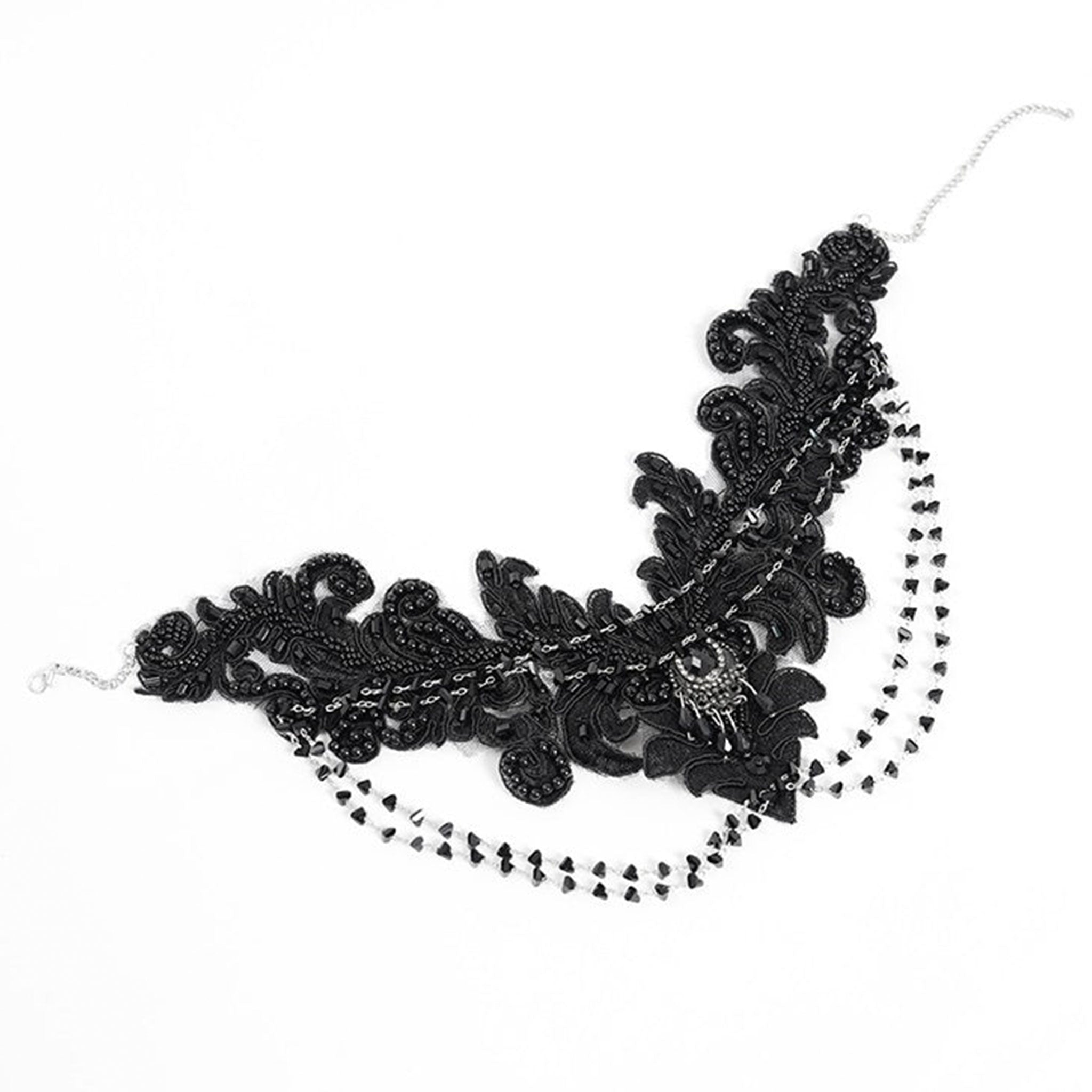 Lace polyamide acrylic-beads faux-gemstones accessories neck jewelry necklace collar choker embroidered beaded teardrop-beads fascinator bold exotic dark-fashion mystique moody magnificent fetish fashion alt-fashion goth gothic victorian edwardian gilded-age costume cosplay halloween steampunk valentines gift female femme feminine womens black
