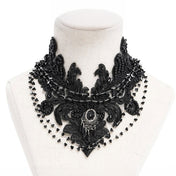 Lace polyamide acrylic-beads faux-gemstones accessories neck jewelry necklace collar choker embroidered beaded teardrop-beads fascinator bold exotic dark-fashion mystique moody magnificent fetish fashion alt-fashion goth gothic victorian edwardian gilded-age costume cosplay halloween steampunk valentines gift female femme feminine womens black
