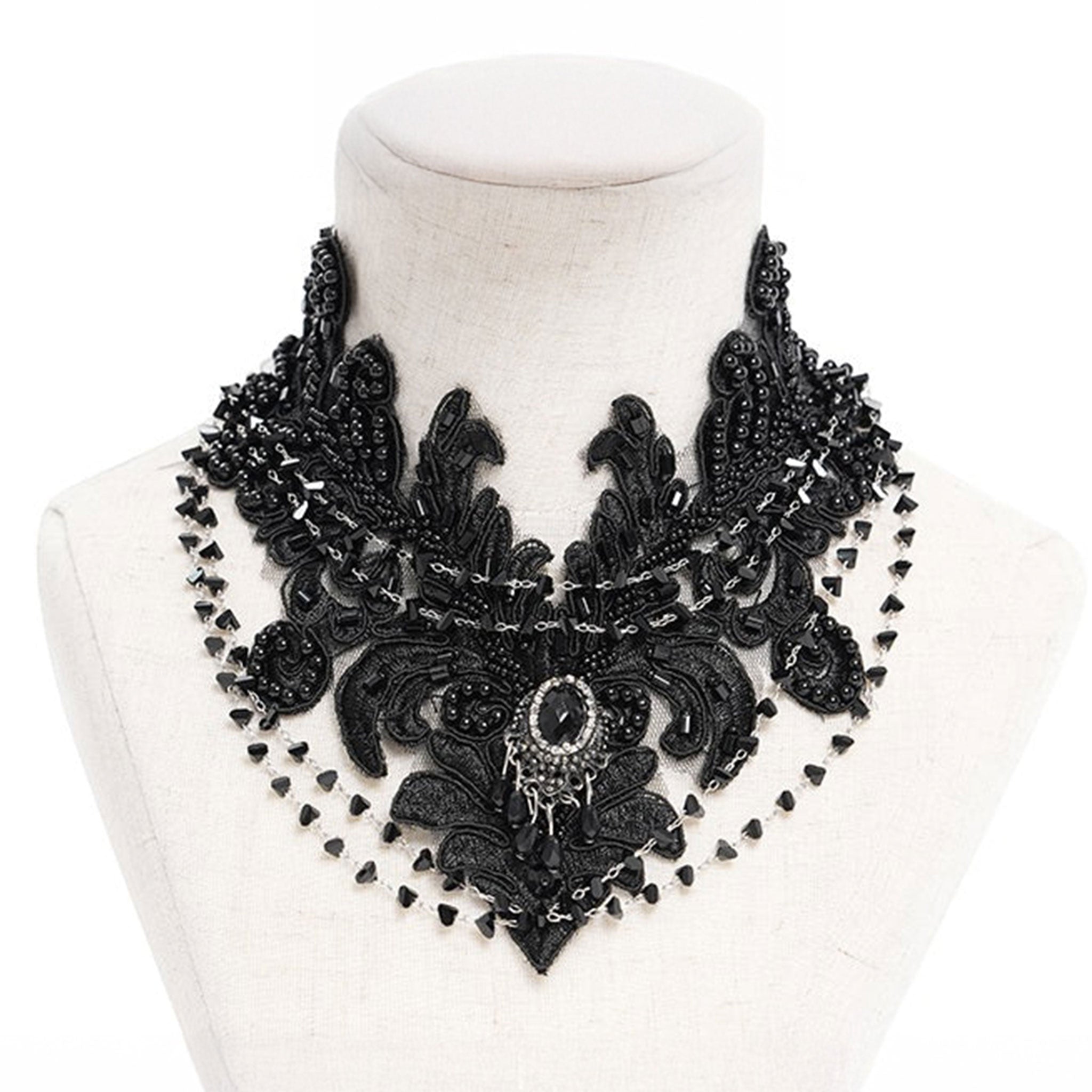 Lace polyamide acrylic-beads faux-gemstones accessories neck jewelry necklace collar choker embroidered beaded teardrop-beads fascinator bold exotic dark-fashion mystique moody magnificent fetish fashion alt-fashion goth gothic victorian edwardian gilded-age costume cosplay halloween steampunk valentines gift female femme feminine womens black