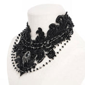 Lace polyamide acrylic-beads faux-gemstones accessories neck jewelry necklace collar choker embroidered beaded teardrop-beads fascinator bold exotic dark-fashion mystique moody magnificent fetish fashion alt-fashion goth gothic victorian edwardian gilded-age costume cosplay halloween steampunk valentines gift female femme feminine womens black