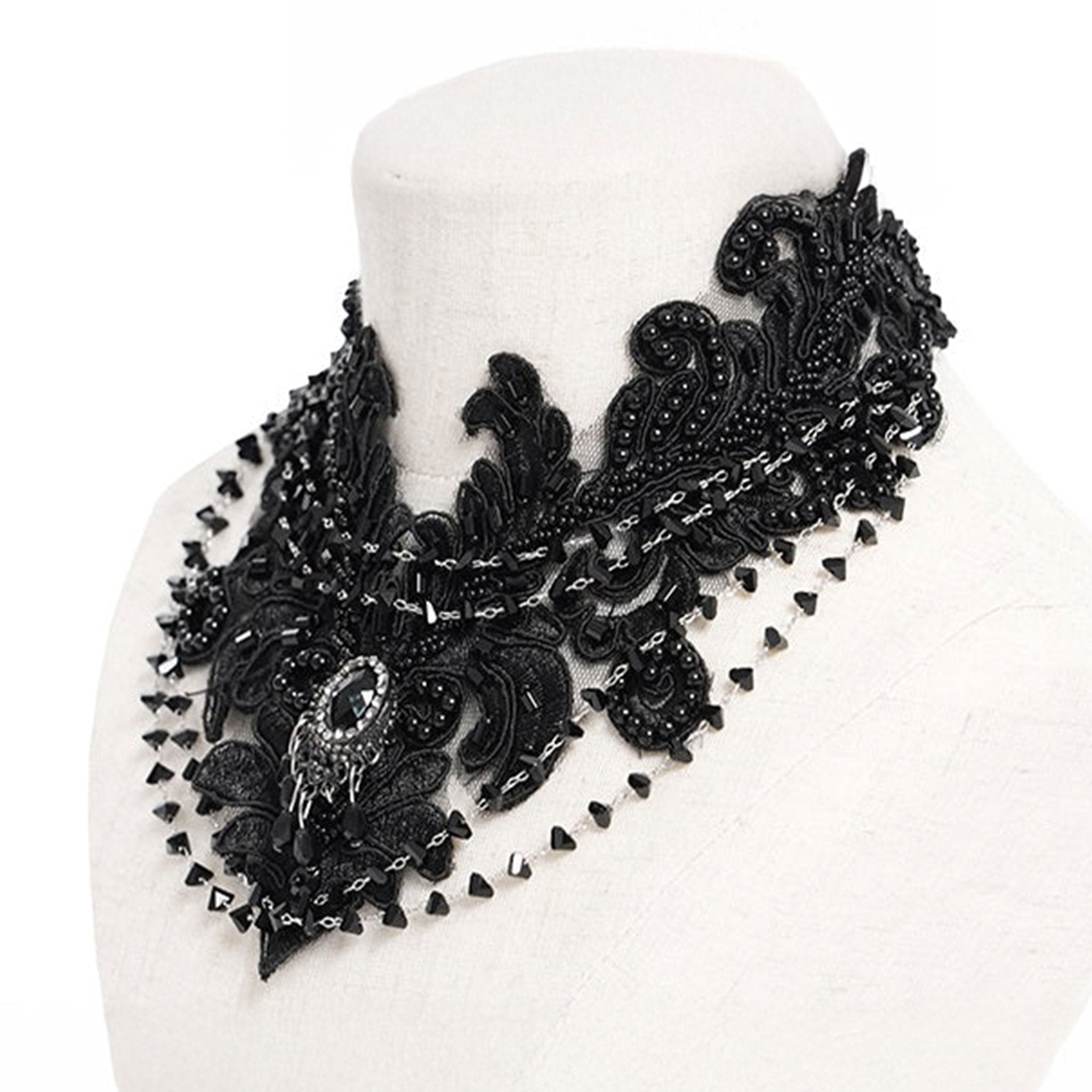 Lace polyamide acrylic-beads faux-gemstones accessories neck jewelry necklace collar choker embroidered beaded teardrop-beads fascinator bold exotic dark-fashion mystique moody magnificent fetish fashion alt-fashion goth gothic victorian edwardian gilded-age costume cosplay halloween steampunk valentines gift female femme feminine womens black