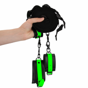 glow in the dark bed restraint kit green, glowing bondage restraints, under mattress bondage kit, adjustable wrist and ankle cuffs, glow BDSM bed ties, Fetish Factory restraint set, light-up kink gear for couples
