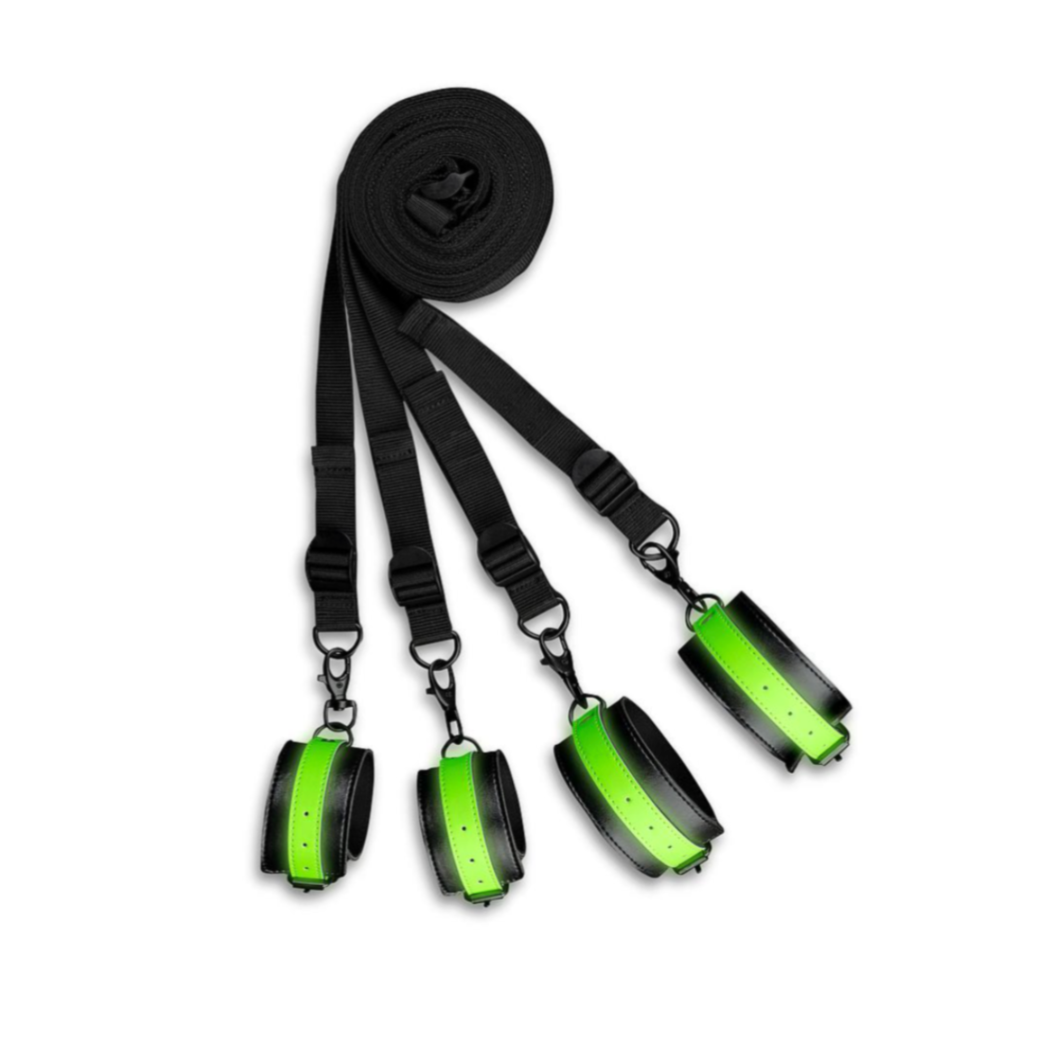 glow in the dark bed restraint kit green, glowing bondage restraints, under mattress bondage kit, adjustable wrist and ankle cuffs, glow BDSM bed ties, Fetish Factory restraint set, light-up kink gear for couples
