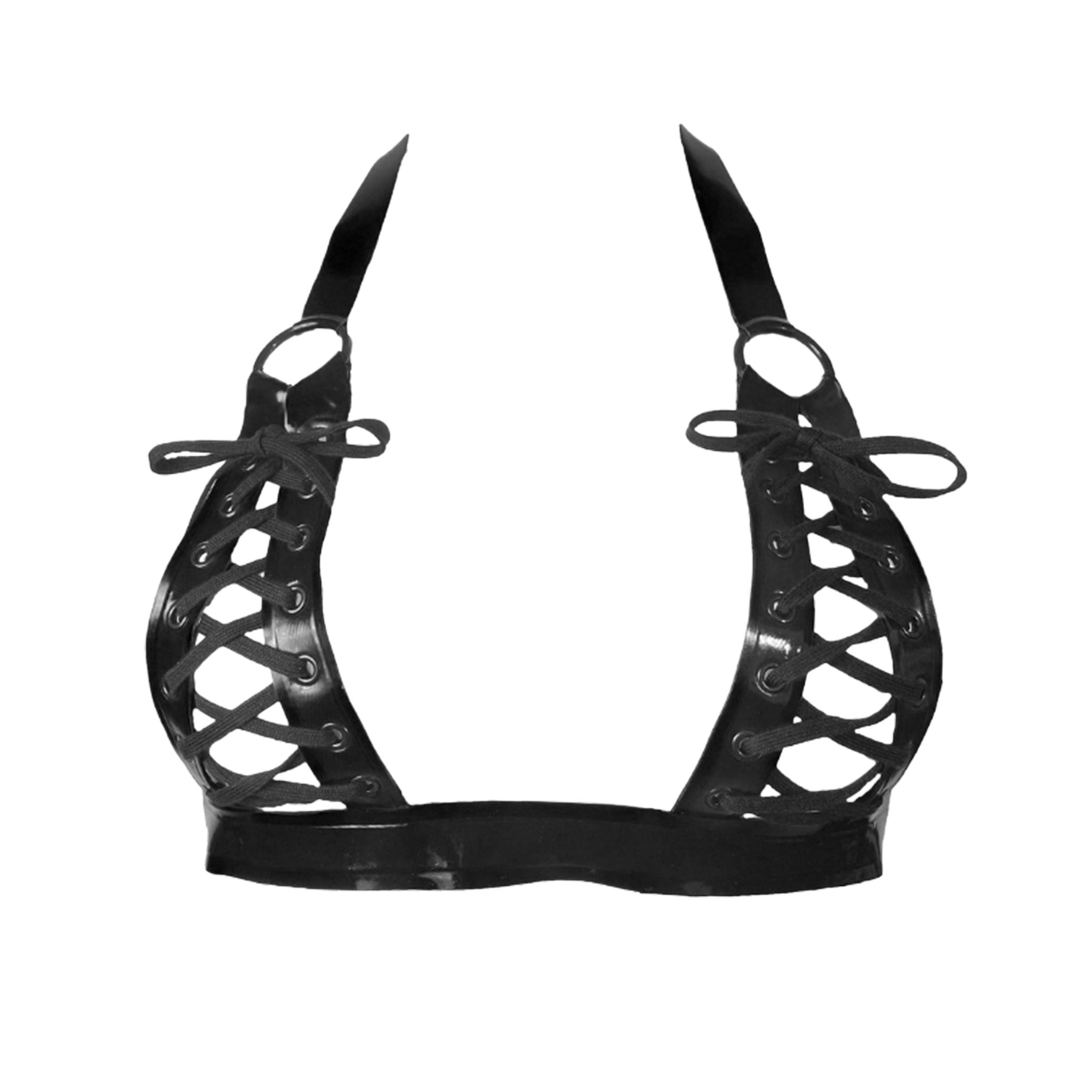 Latex rubber nylon-cording apparel tops intimate lingerie latex-lingerie bra bralette triangle-cups open-cups halter-top halter-neck O-ring lace-up adjustable buckle shiny glossy fetish fashion alt-fashion alternative punk goth gothic cyber cyberpunk bondage bdsm bdsm-fashion kink kinky kinkwear costume cosplay halloween female femme feminine womens black
