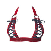Latex rubber nylon-cording apparel tops intimate lingerie latex-lingerie bra bralette triangle-cups open-cups halter-top halter-neck O-ring lace-up adjustable buckle shiny glossy fetish fashion alt-fashion alternative punk goth gothic cyber cyberpunk bondage bdsm bdsm-fashion kink kinky kinkwear costume cosplay halloween female femme feminine womens red blood-red