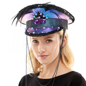Fabric iridescent sequins gemstones feathers headgear hat captain bejeweled chains hanging accessories halloween rave wear ravewear cyber purple
