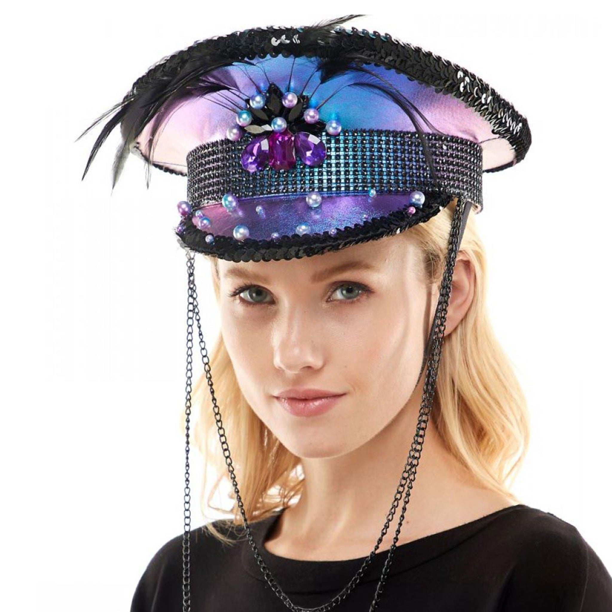 Fabric iridescent sequins gemstones feathers headgear hat captain bejeweled chains hanging accessories halloween rave wear ravewear cyber purple