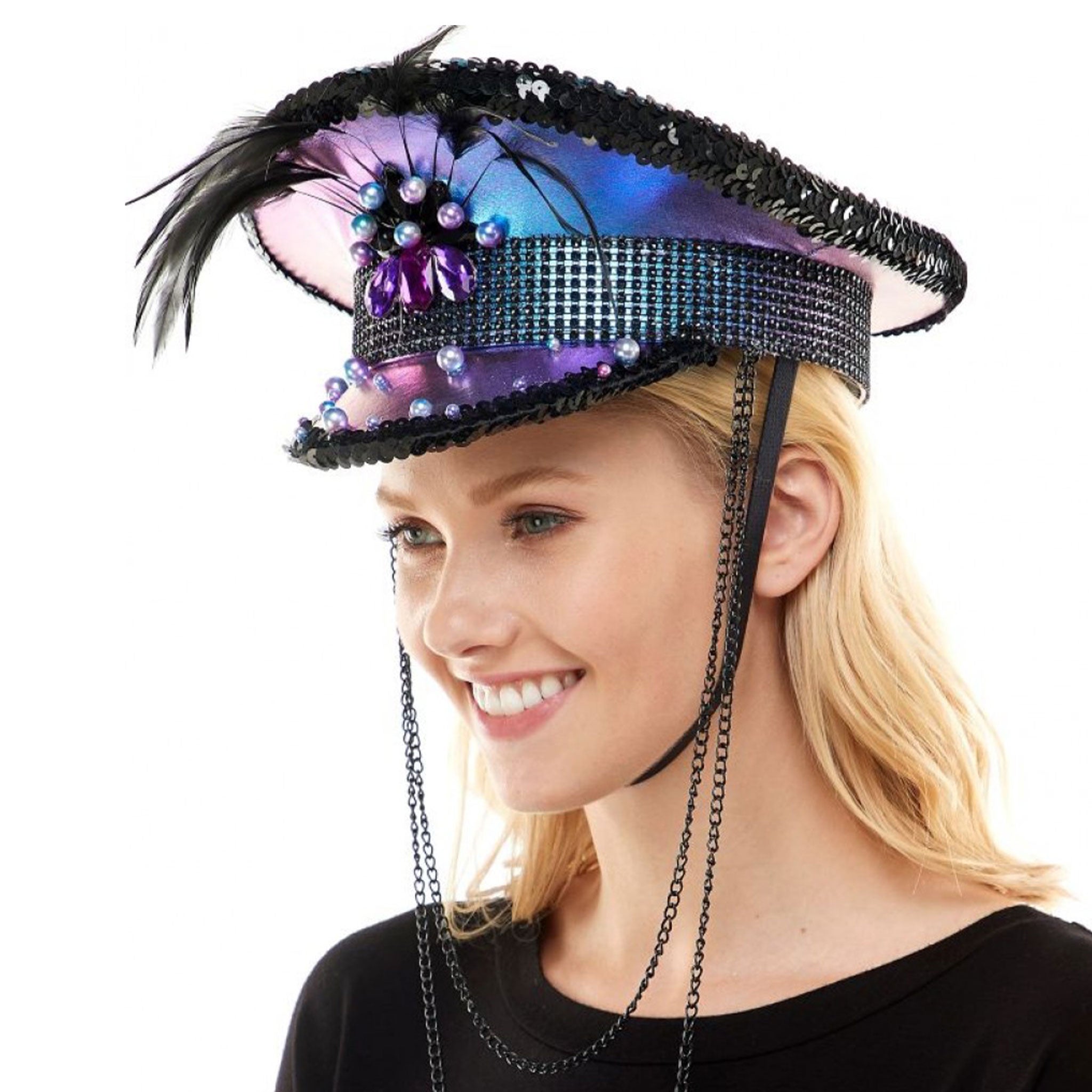 Fabric iridescent sequins gemstones feathers headgear hat captain bejeweled chains hanging accessories halloween rave wear ravewear cyber purple